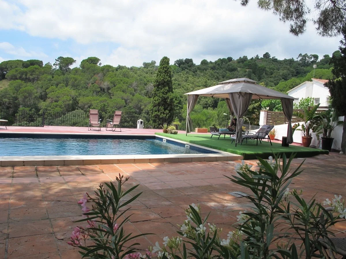 A backyard with a swimming pool, lounge chairs, and a canopy with people relaxing under it, surrounded by plants and greenery.