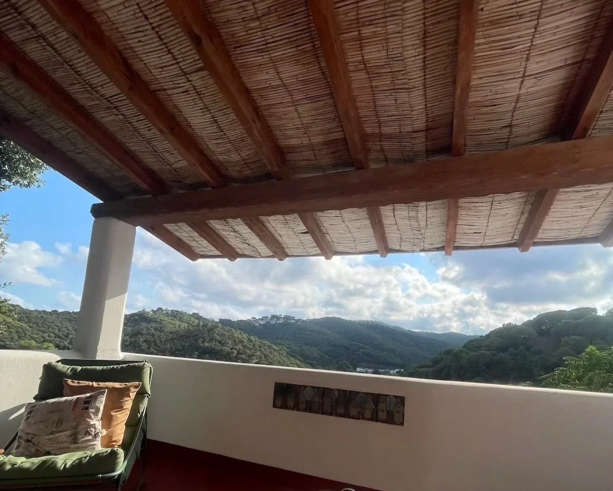 Balcony with a wooden roof, view of distant mountains and partly cloudy sky, green landscape, and a cushioned chair with pillows.