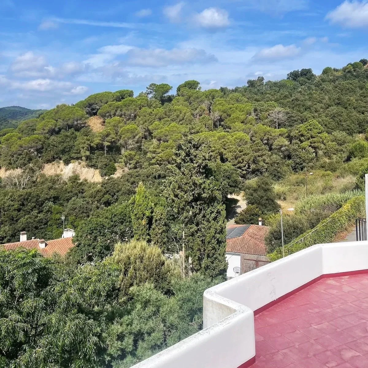 View of a lush green hill covered with trees, houses at the base, and a blue sky with scattered clouds, taken from a balcony with a pink tiled floor and white railing.