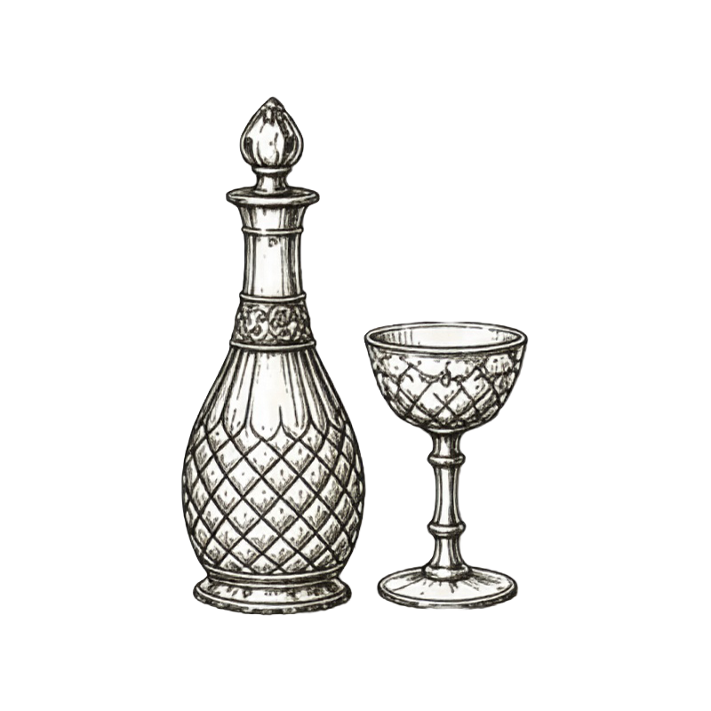 Drawing of a decorative glass decanter with a stopper and a matching goblet.