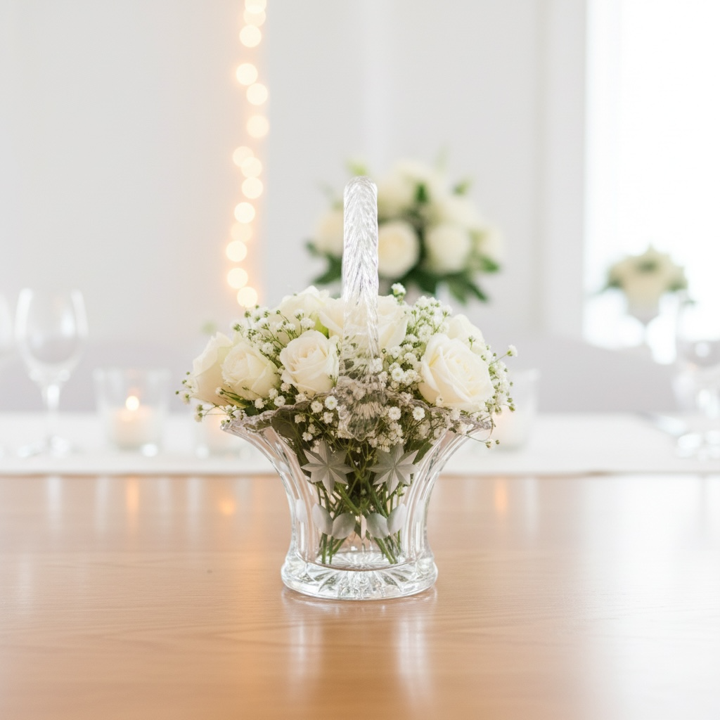 A clear glass vase filled with white roses, baby's breath, and greenery on a wooden table with blurred background of more white roses and candles.