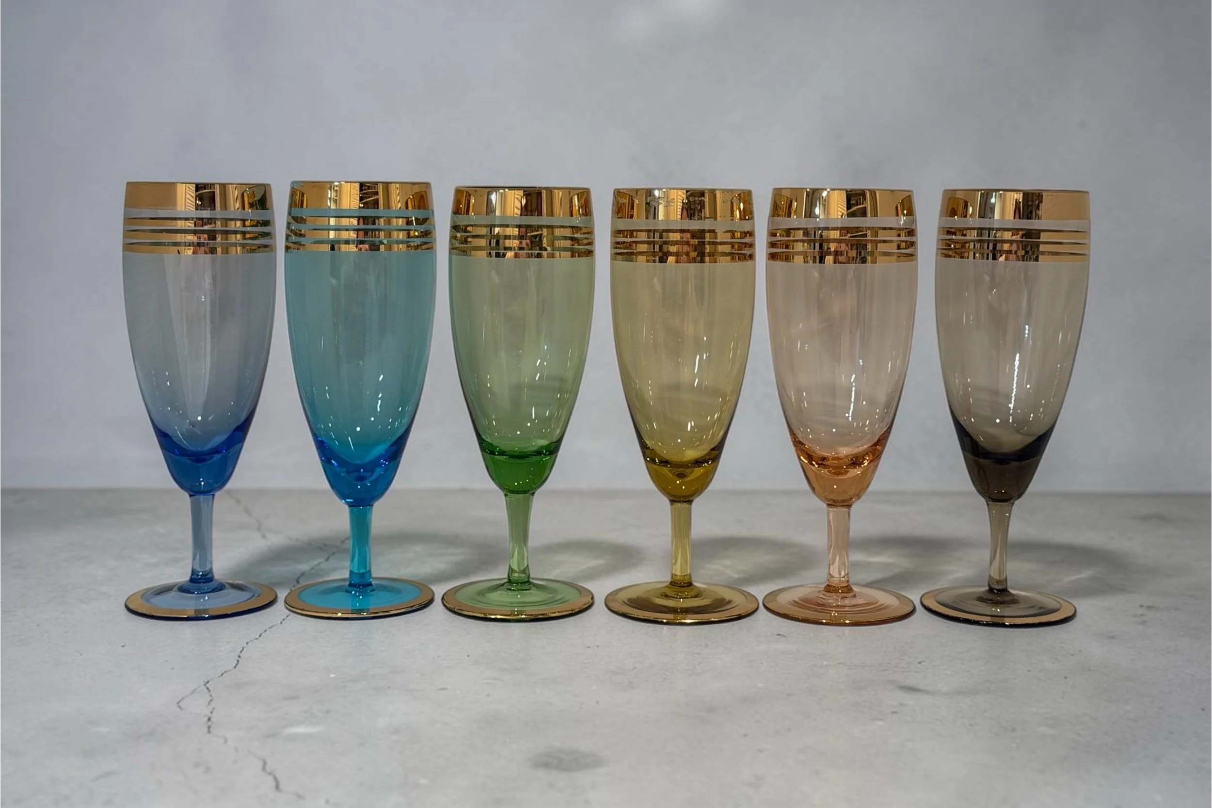 Vintage Multi-Colored Gold Rimmed Cocktail Glasses - Set of 6