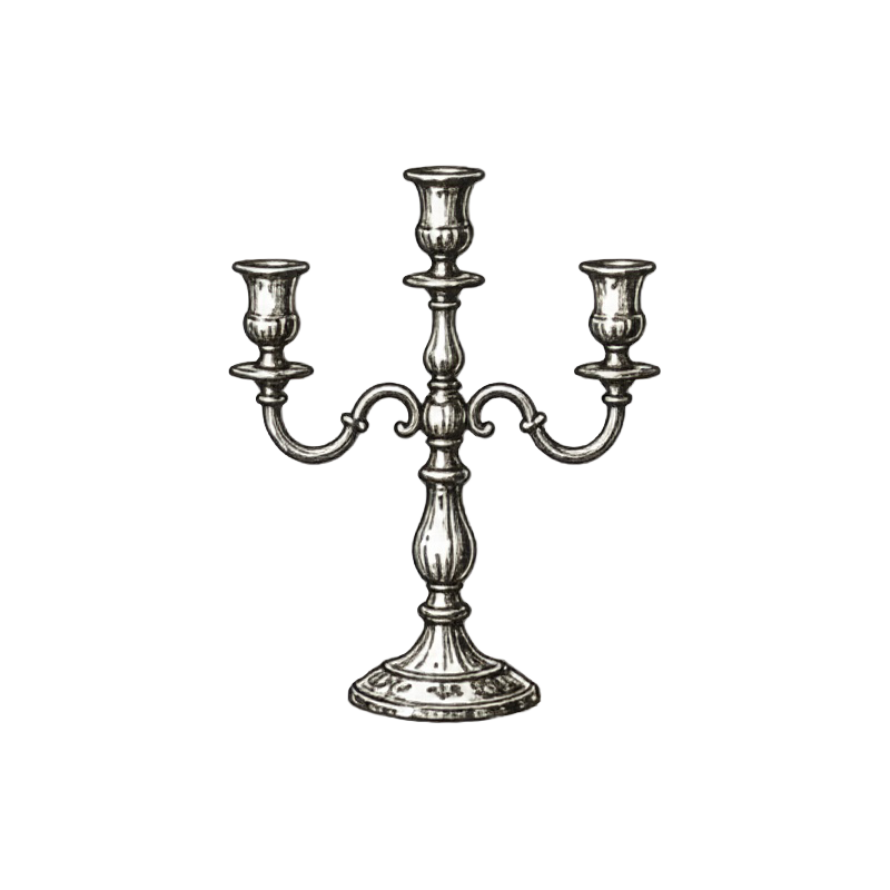 Silver candelabrum with three candle holders against a green and yellow background.
