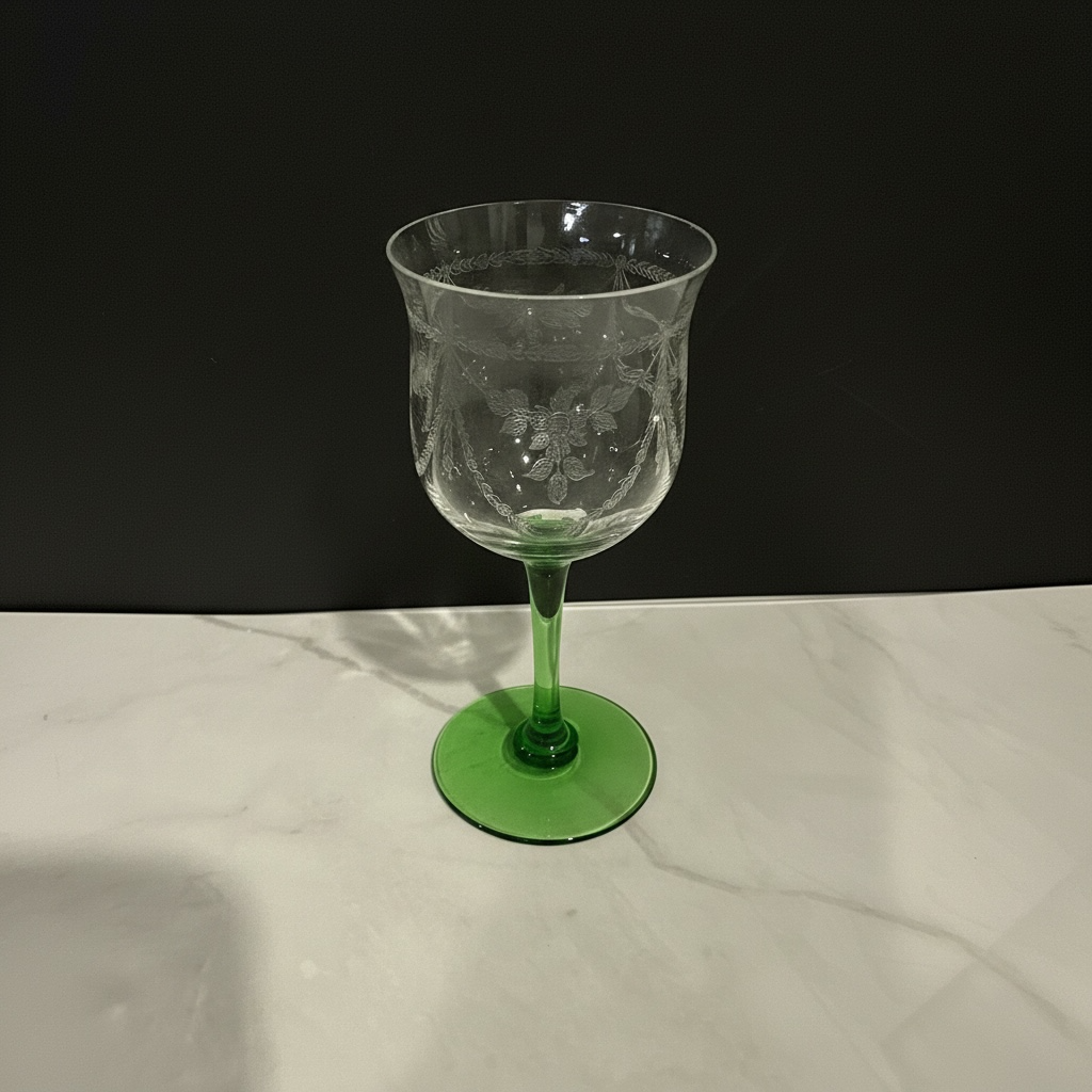 Vintage Green Stemmed Floral Etched Cocktail Glass