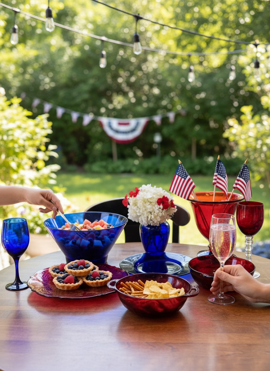 Outdoor table decorated for a patriotic celebration with red, white, and blue accessories, American flags, snacks, and drinks, set against a lush green garden background.