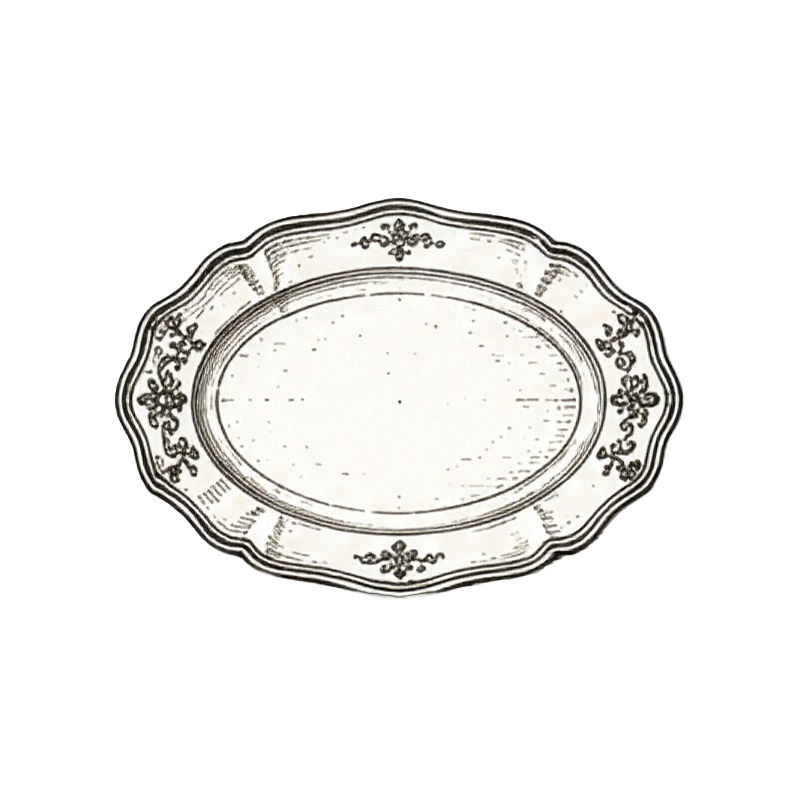 Black and white illustration of an ornate, oval serving platter with decorative edges and floral patterns.