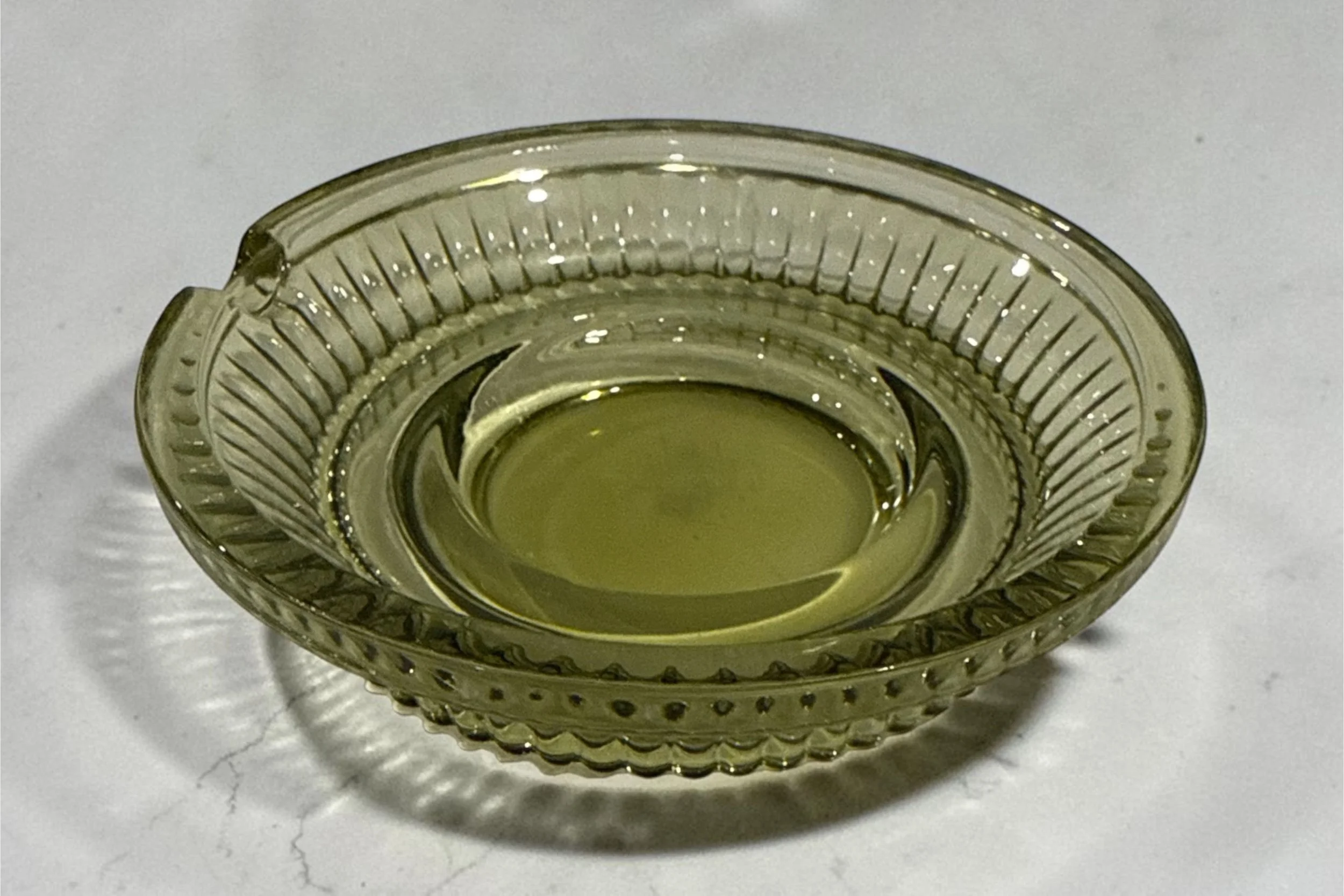 Vintage Olive-Green Pressed Glass Ashtray