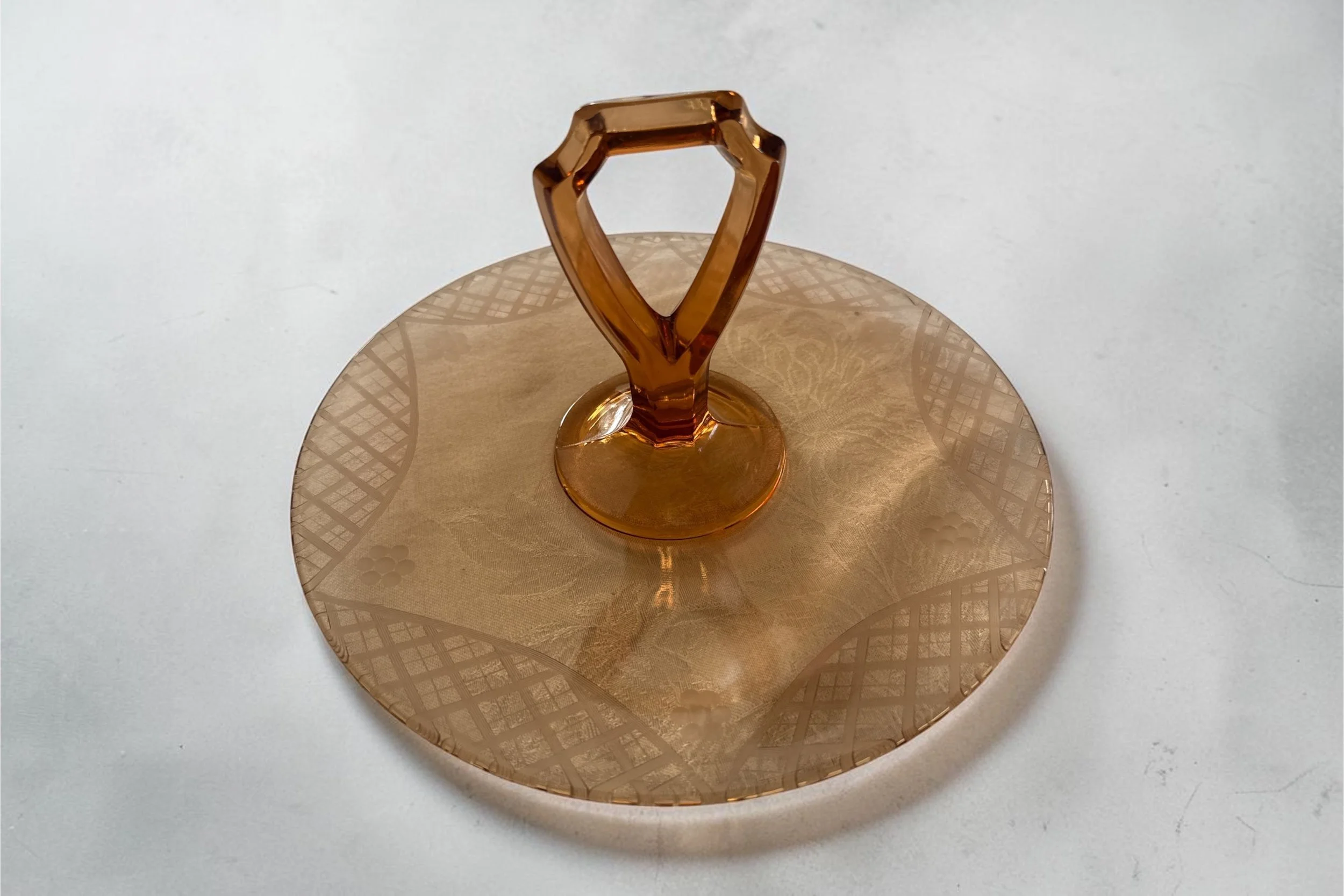 Vintage Amber Etched Handled Tidbit Tray