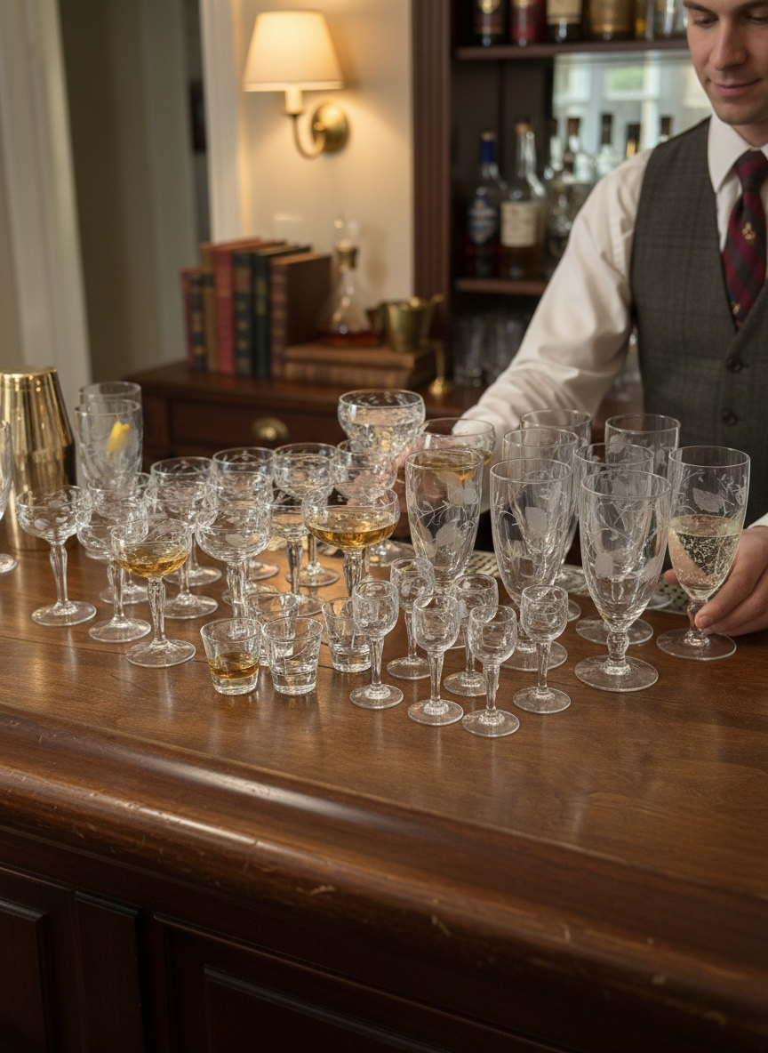 A bartender arranging various empty and filled glassware on a wooden bar counter, with a background of a well-lit room and shelves of liquor bottles.