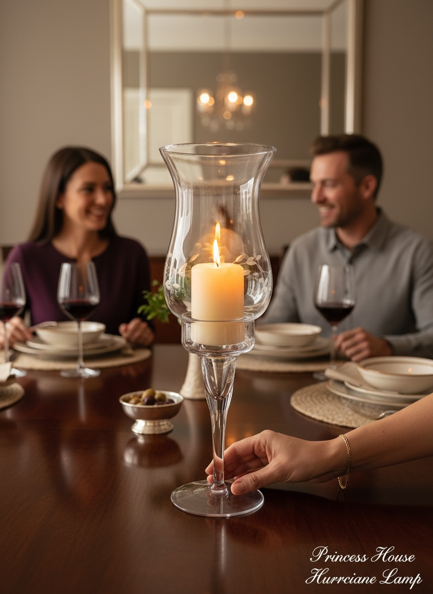 A hand holding a glass hurricane lamp with a lit candle inside, placed on a dining table set for a meal. In the background, a couple is smiling and sitting at the table with wine glasses and tableware.