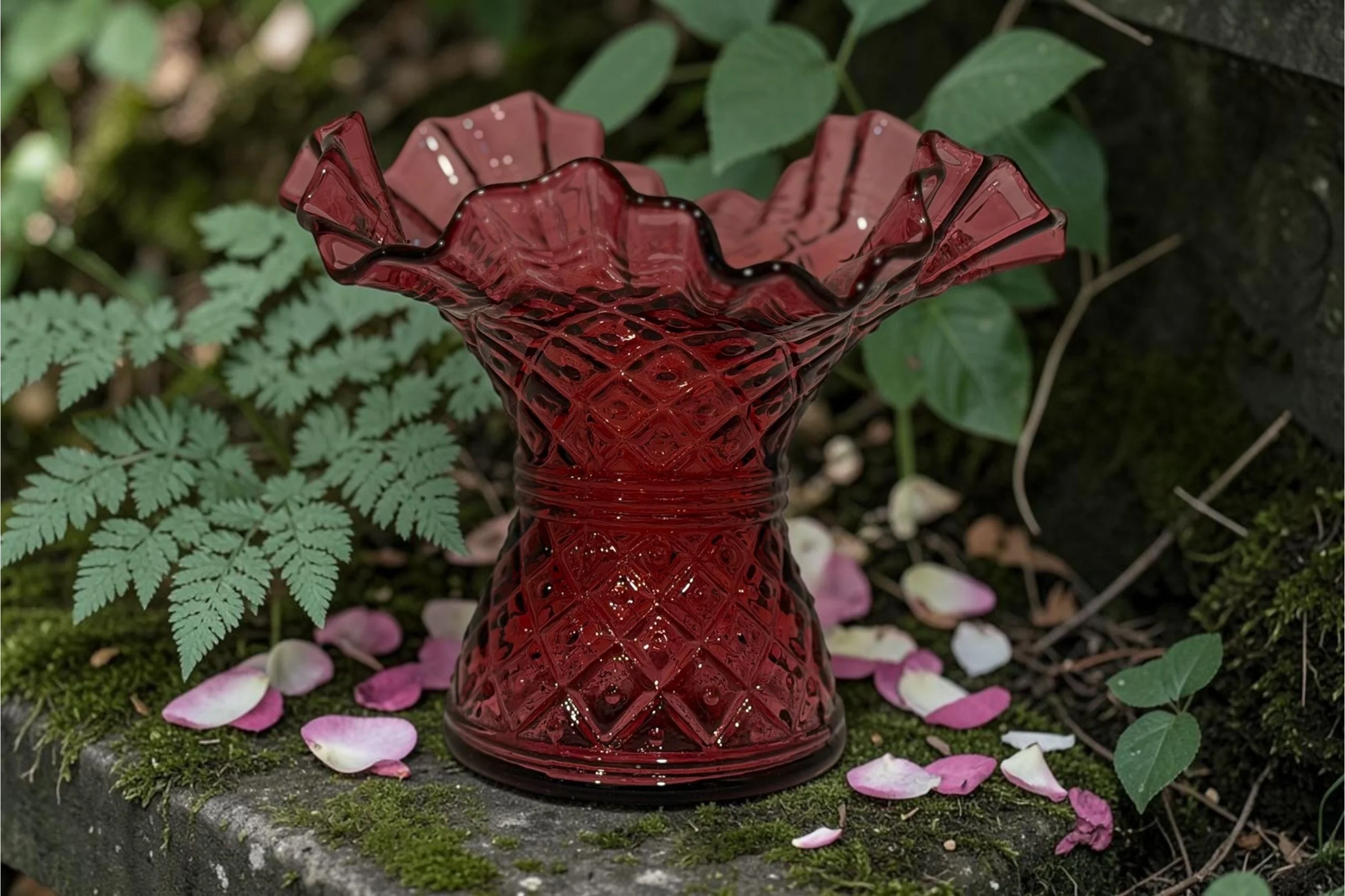 Vintage Kanawah Glass Diamond Dot Corset Ruffled Top Cranberry Vase