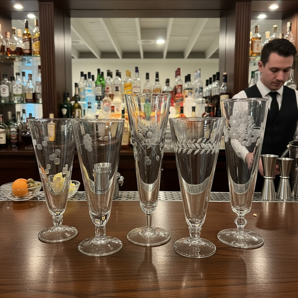 Five decorative empty champagne flutes lined up on a bar counter with a bar and bartender in the background.