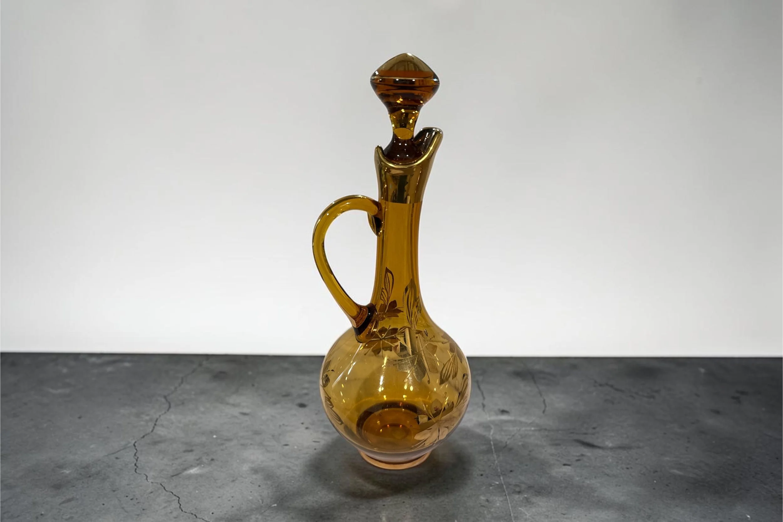 Amber Glass Decanter with Gold Floral Overlay