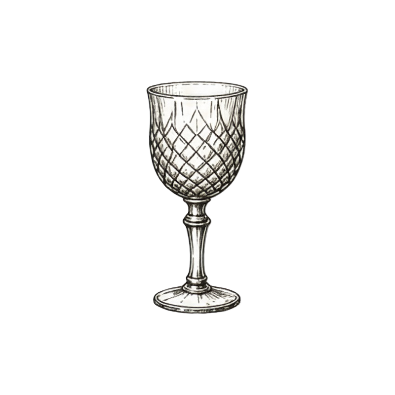 Hand-drawn illustration of a decorative wine glass with a patterned bowl, a slender stem, and a circular base.