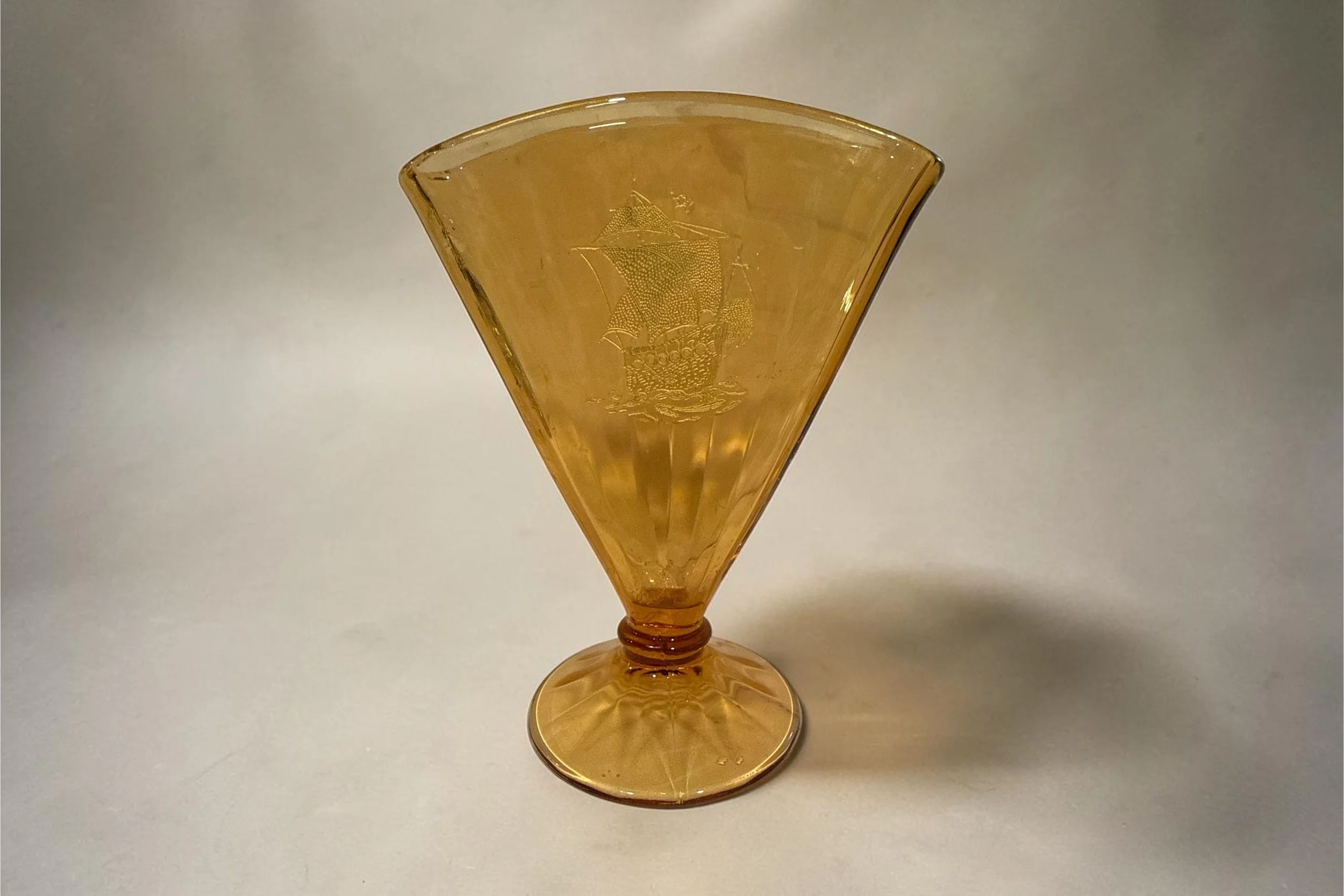 Amber Glass Art Deco Fan Vase with Sailing Ship Etching
