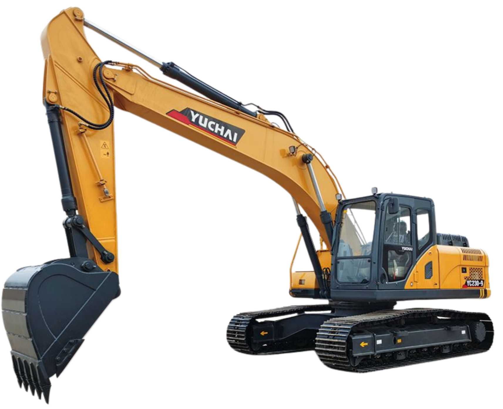 A yellow Yuchai excavator with a black bucket attachment, tracked wheels, and a tinted cabin, used for construction and earthmoving work.