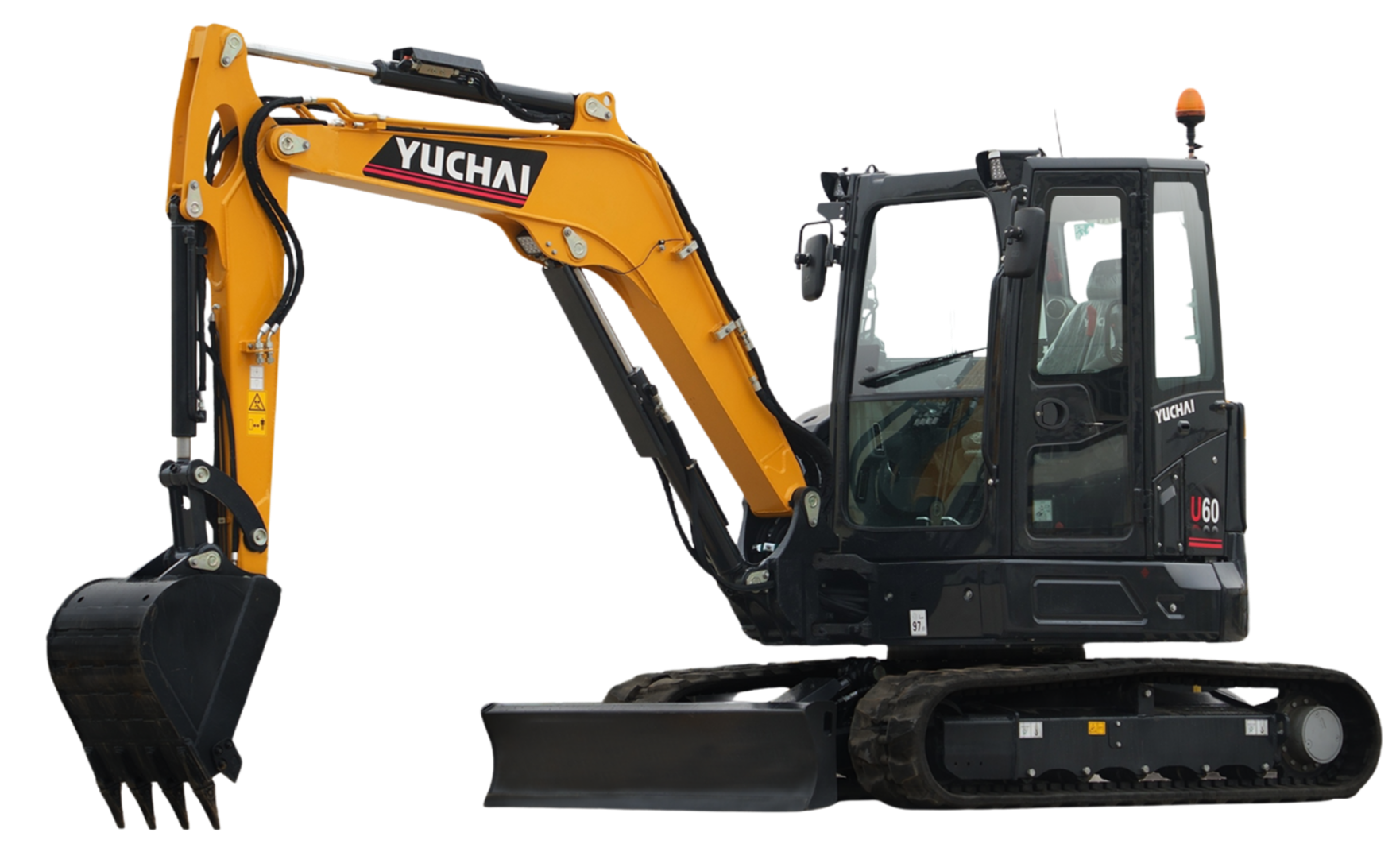 A small Yuchai U60 mini excavator with a black cabin, yellow arm and boom, black tracks, and a digging bucket attached to the boom.