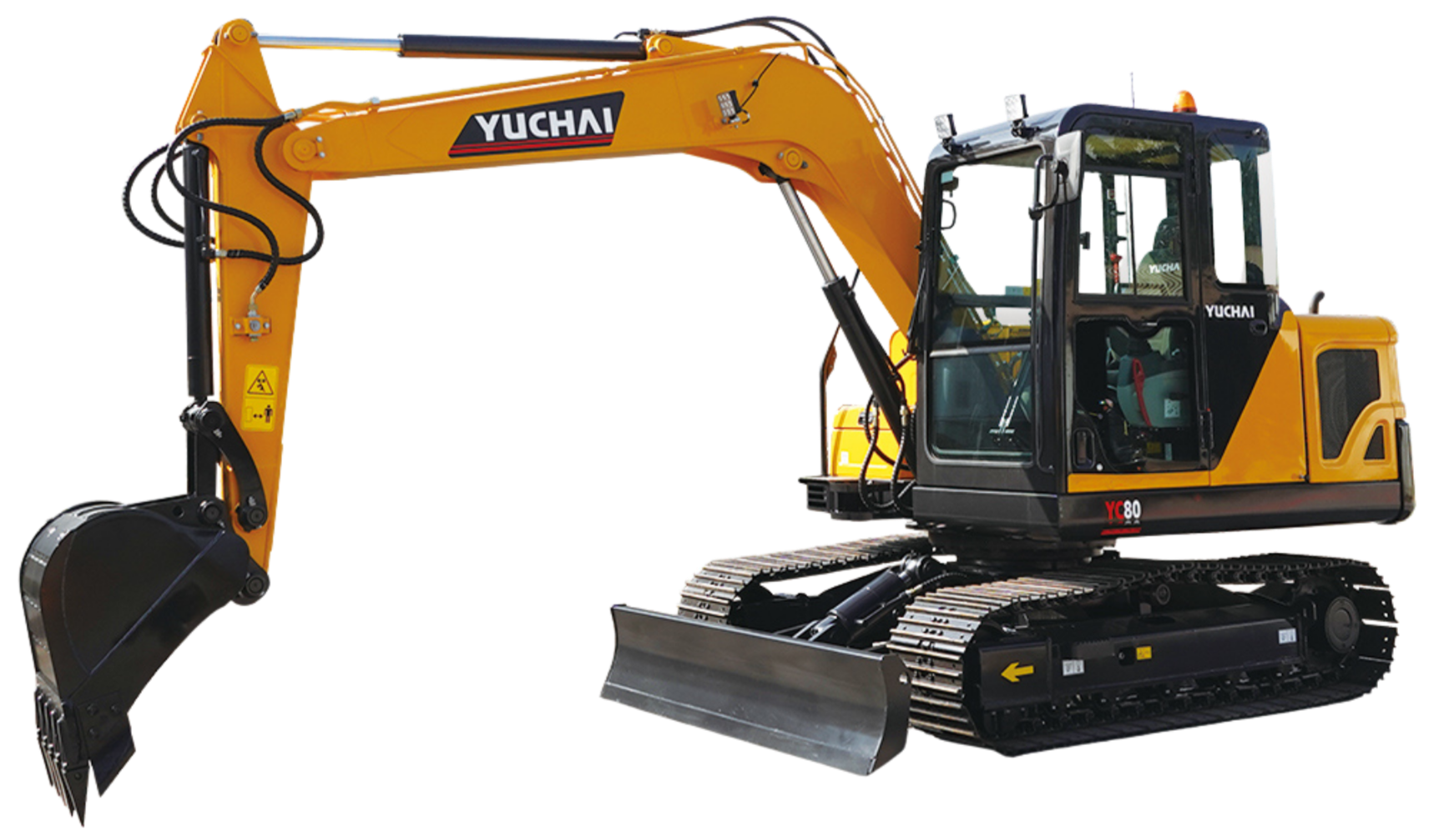 Yellow and black Yuchai YC80 mini excavator with tracked wheels, equipped with a digging arm and bucket, isolated on a plain background.