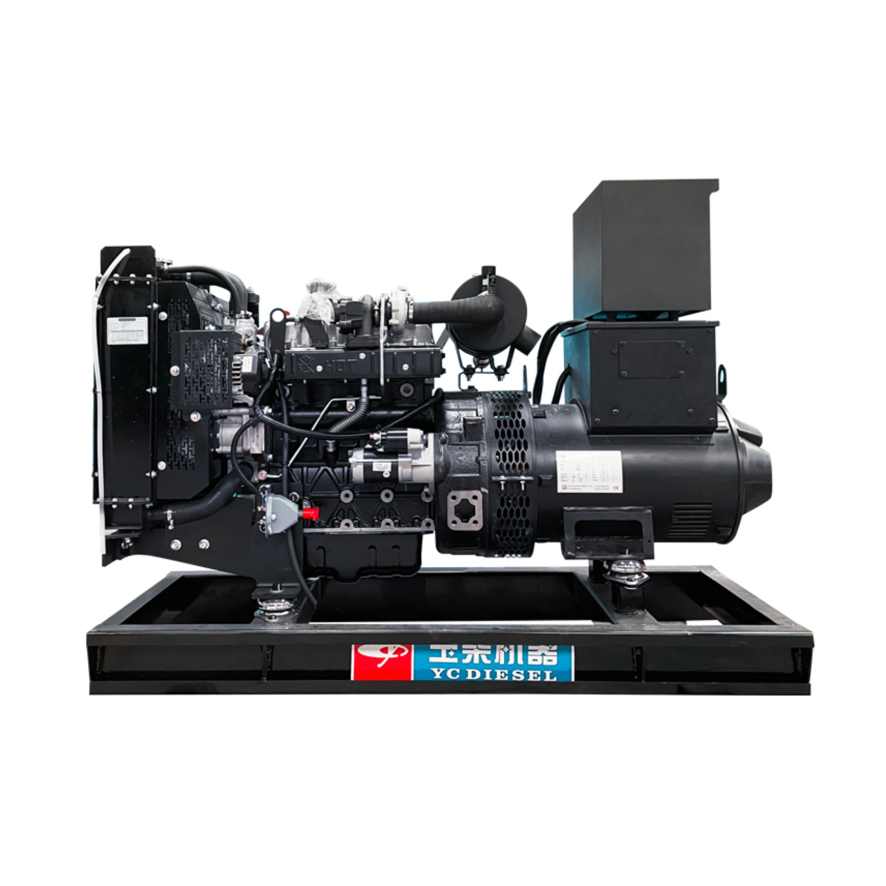 A large industrial diesel engine mounted on a black metal frame with a sign in Chinese and English that reads 'YCD DIESEL' in blue and white.