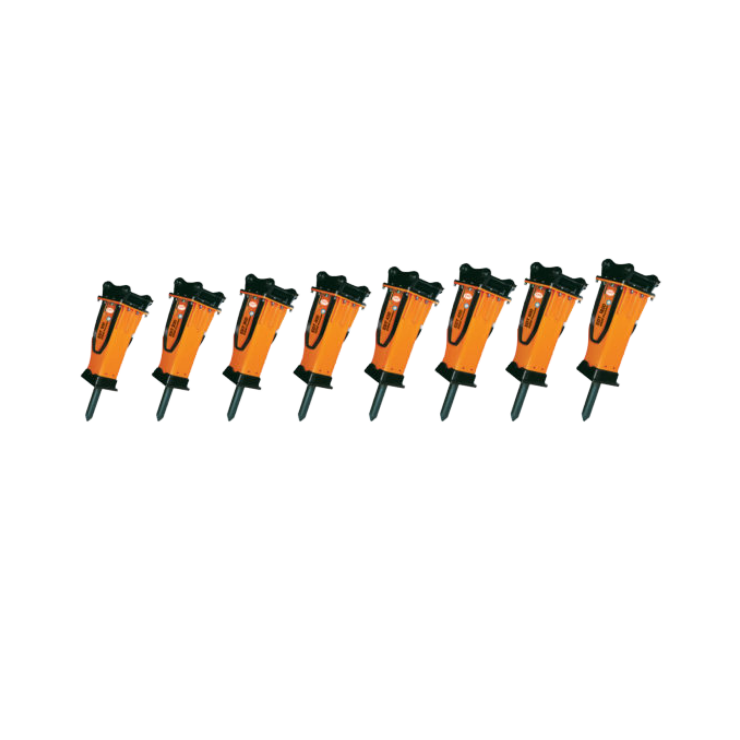 A row of ten orange and black torpedo-shaped drones with antennas, antennas, and small control panels on top, lined up and facing downward.