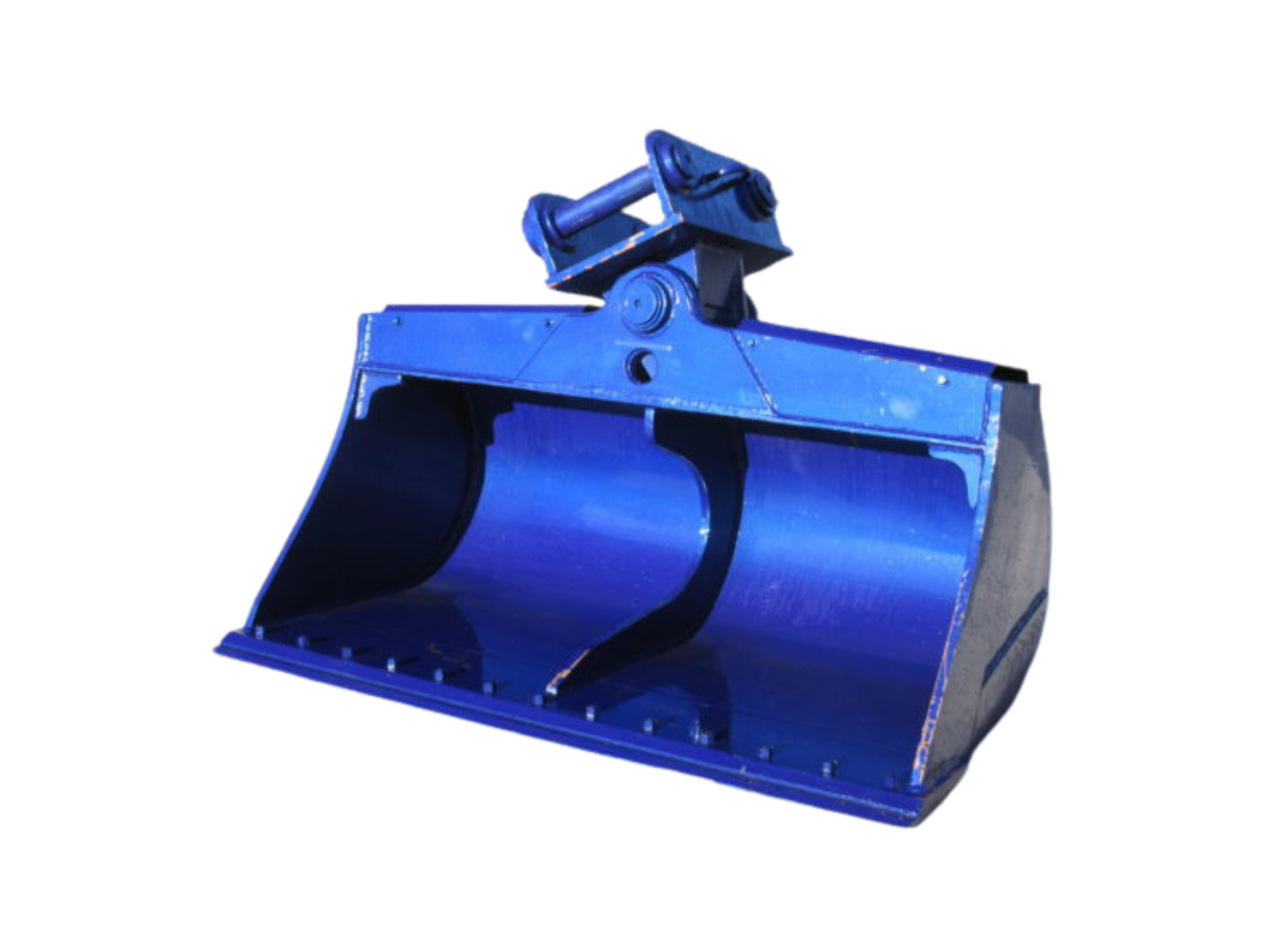 Blue construction machine bucket attachment.