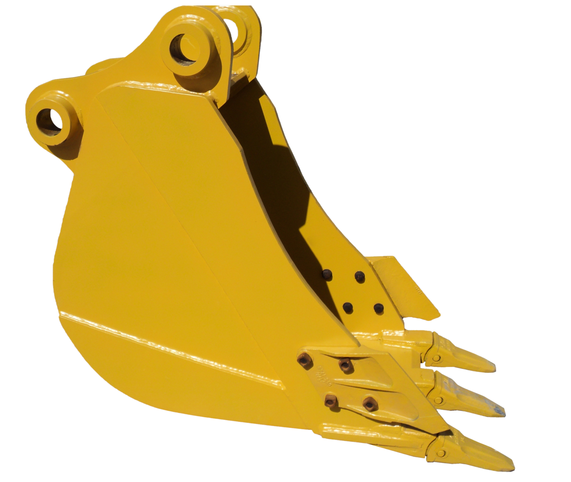 Close-up of a yellow excavator bucket attachment with metal pins.