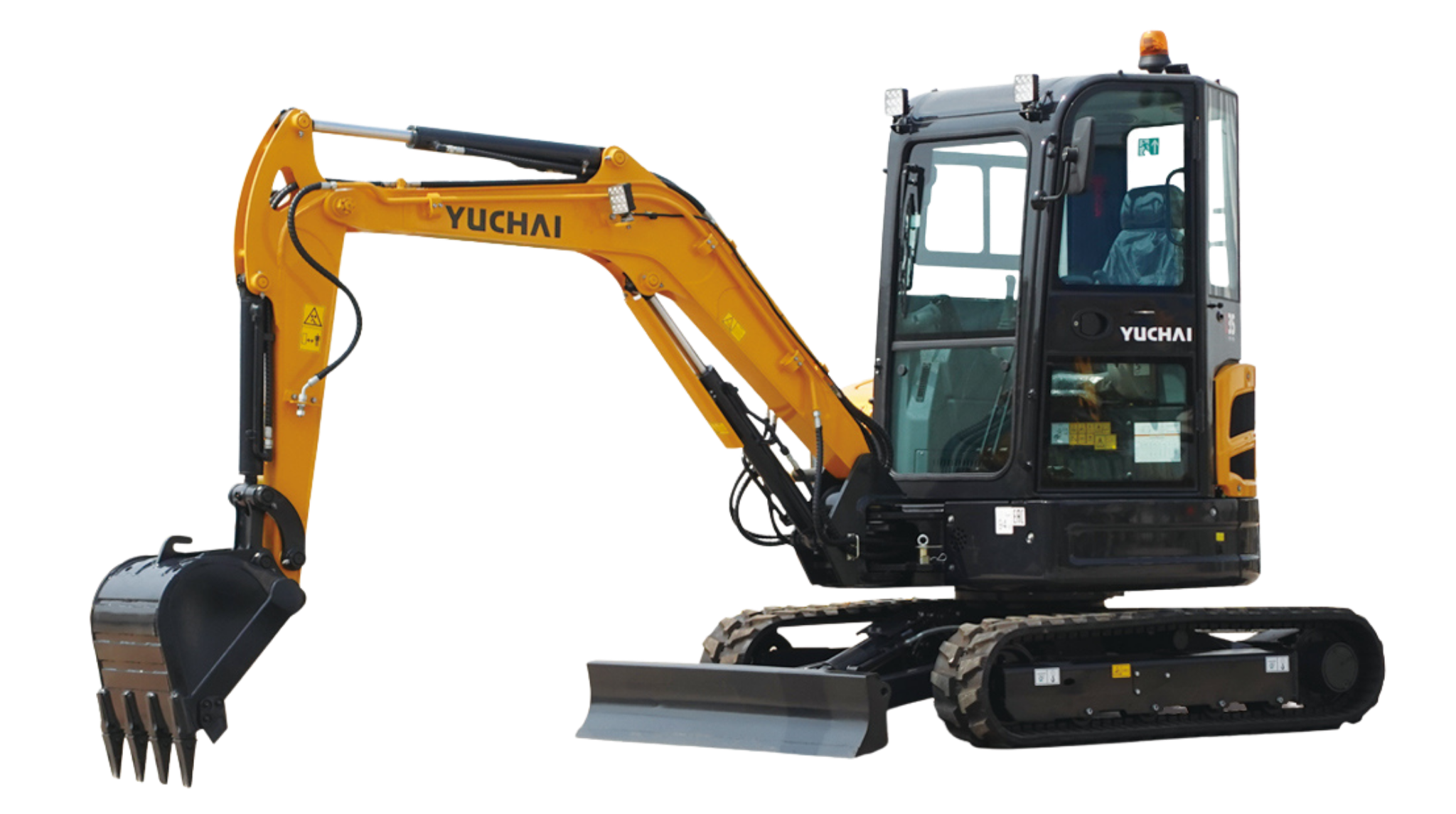 A Yuchai mini excavator with a black arm and a yellow boom and undercarriage, equipped with a digging bucket.