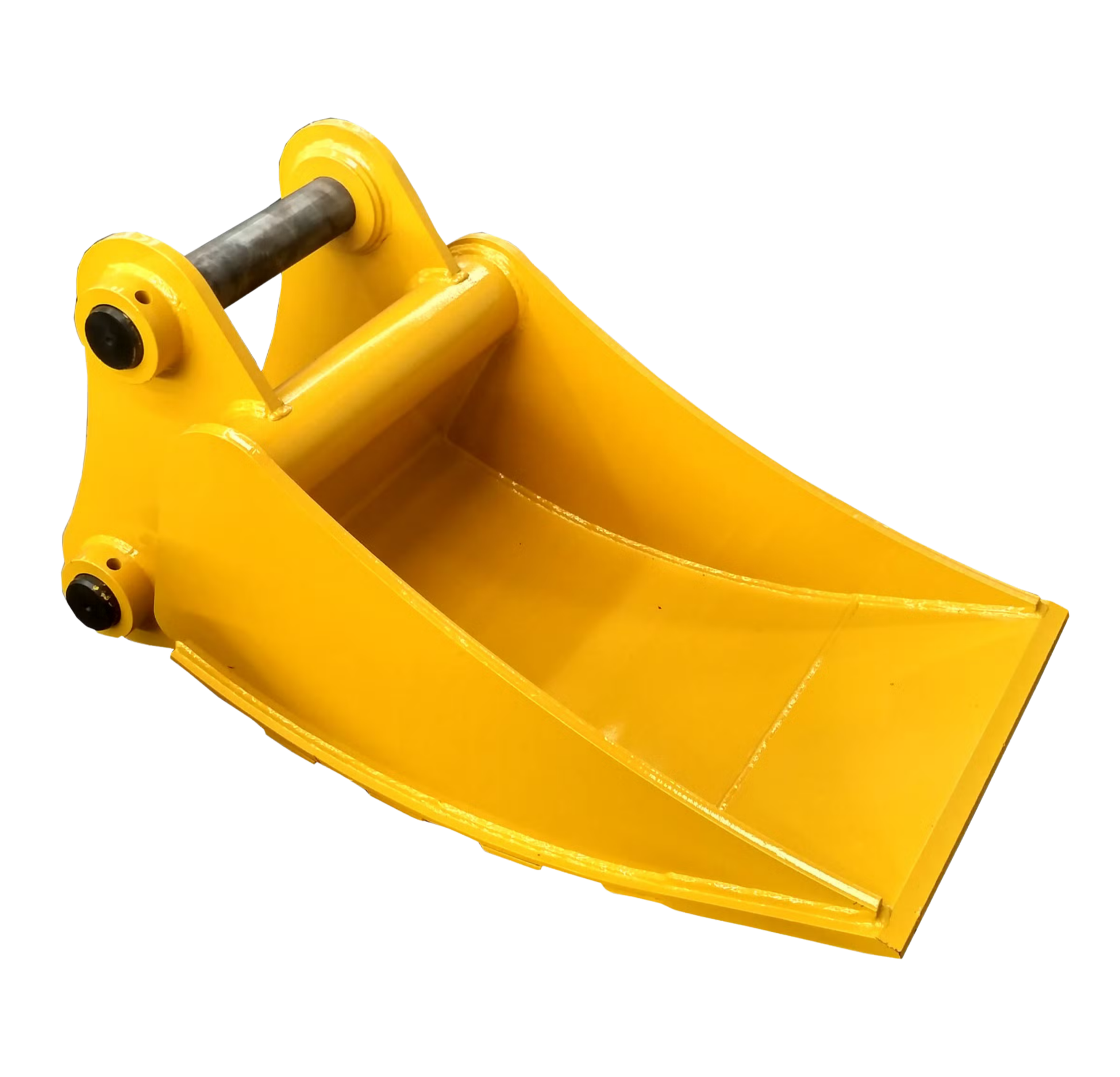 A close-up of a yellow industrial component, possibly a hydraulic or mechanical part, with three black bolt holes at one end and a metal piston or rod extending from the other end.