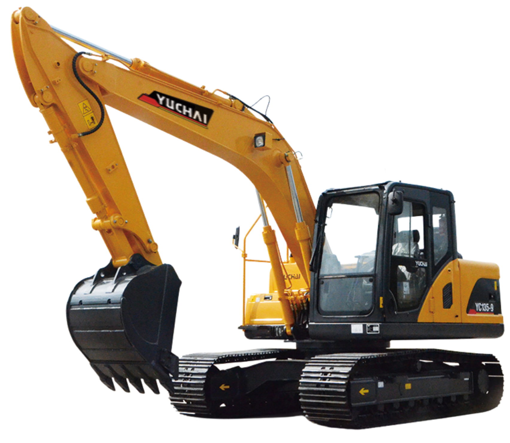 A yellow Yuchai excavator with a black tracked undercarriage and a large bucket attached to the arm, set against a plain background.