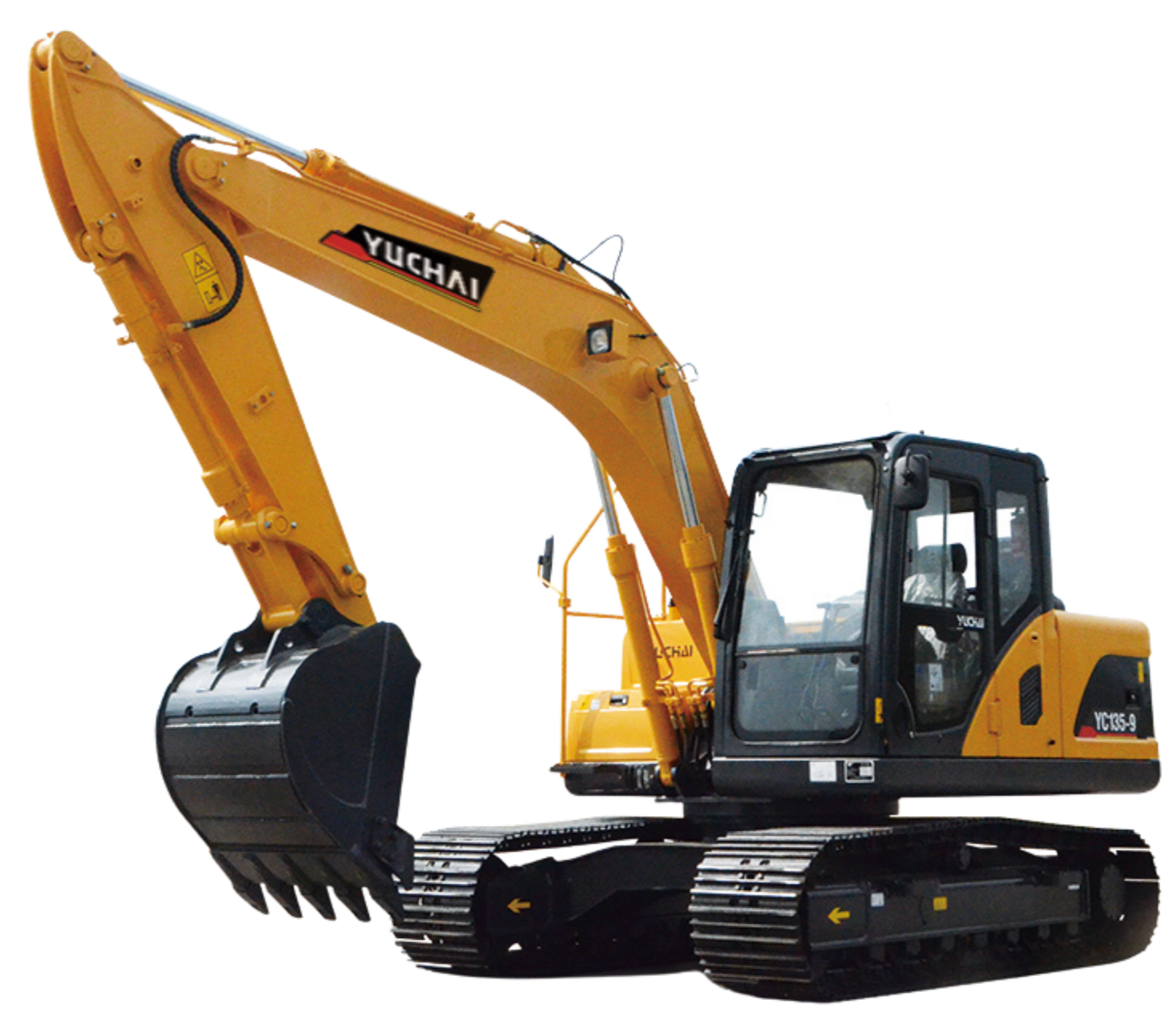 Yellow Yuchai excavator with a black bucket attachment and black tracks, viewed from the side.