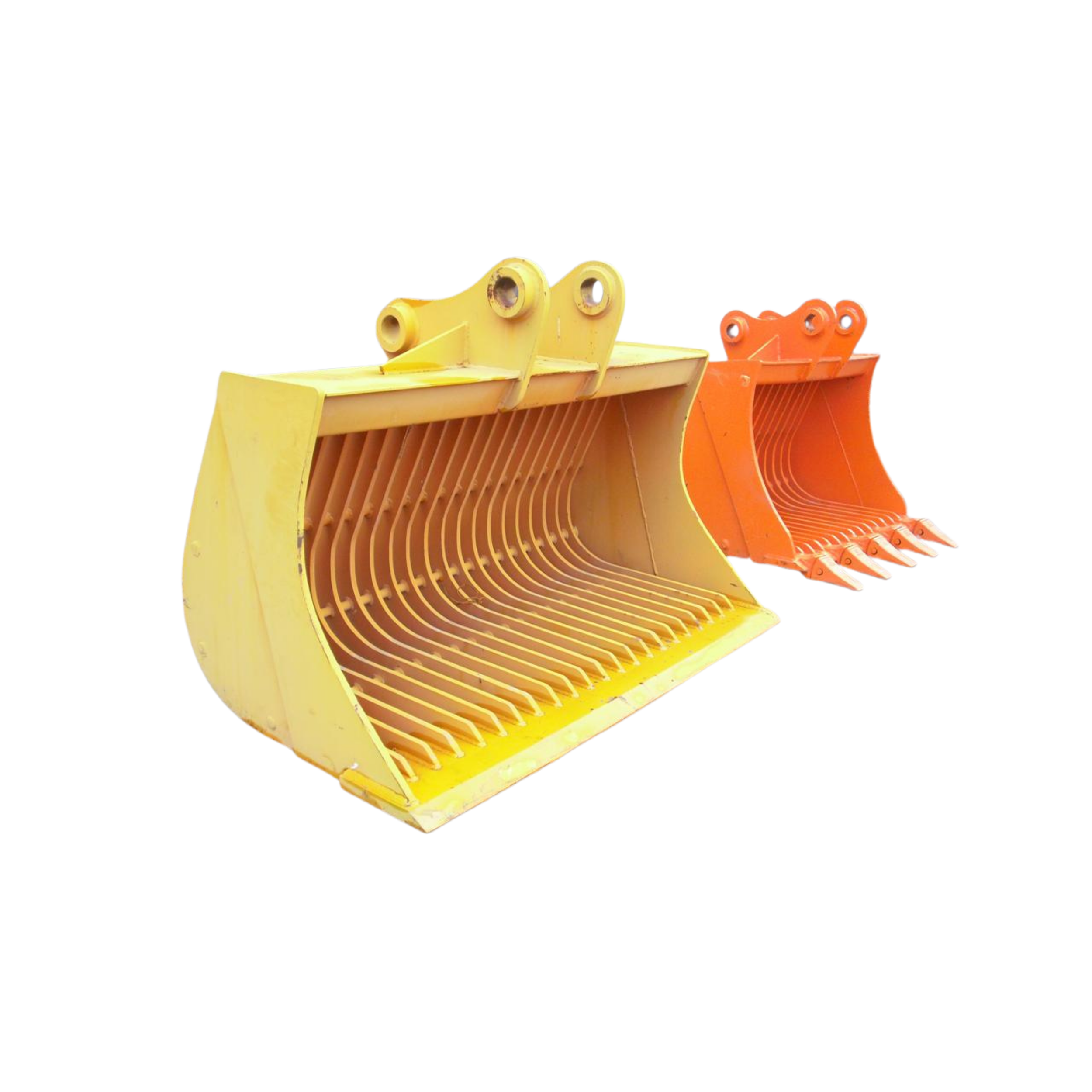 Yellow and orange screening bucket attachments for excavator