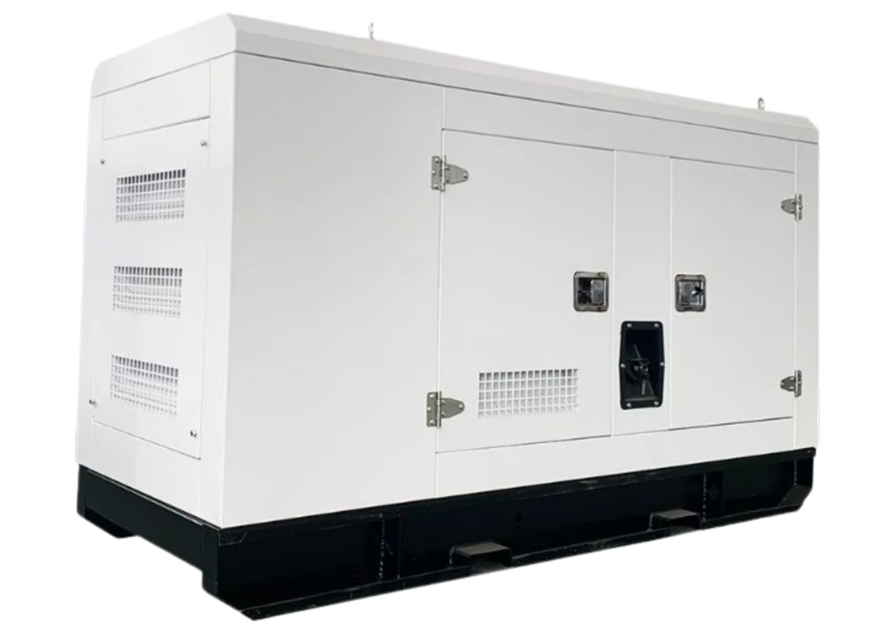 A white industrial generator with vents on the sides and a black base, equipped with multiple doors and metal hinges.