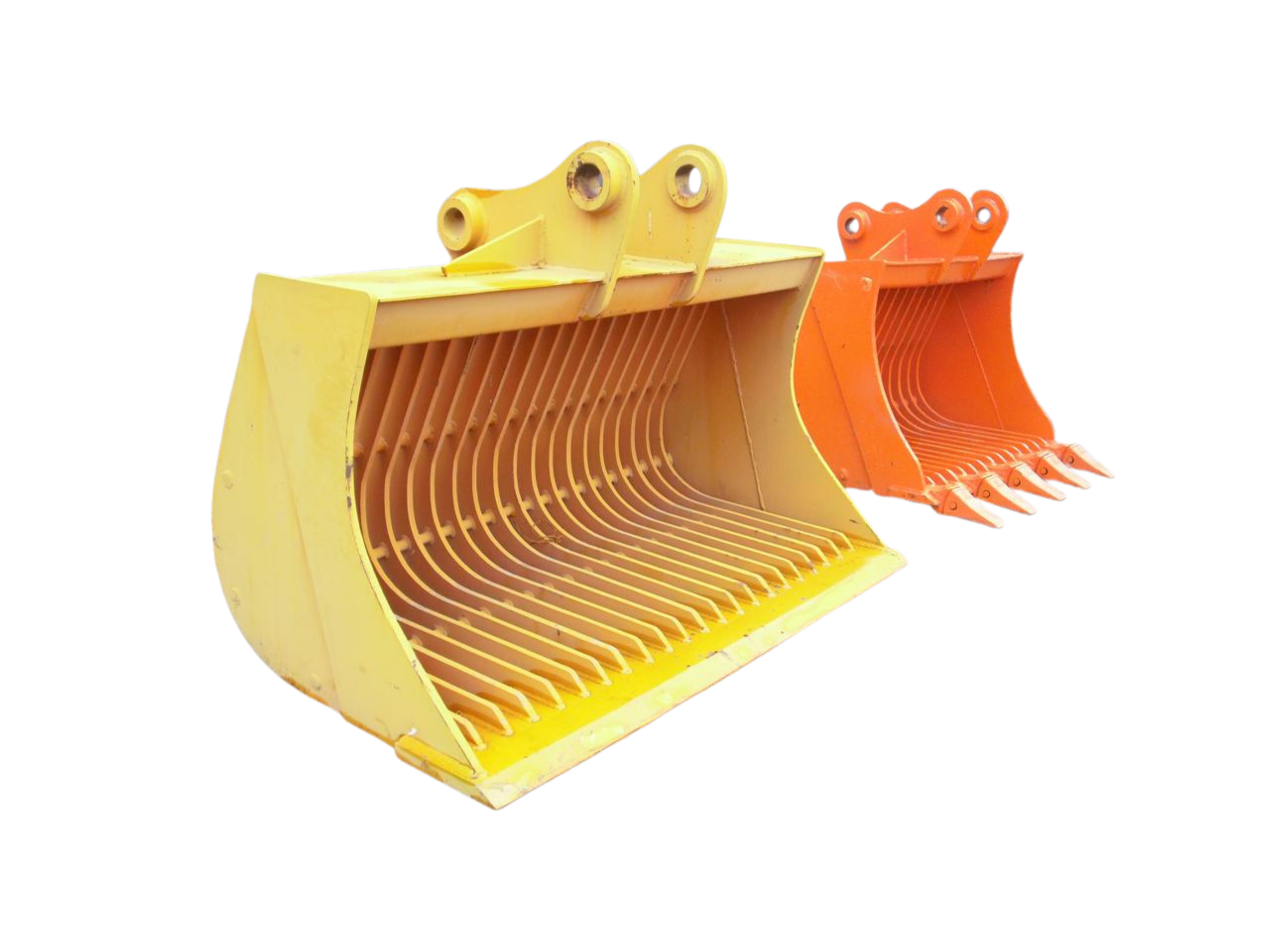Yellow and orange excavator buckets side by side against a black background.