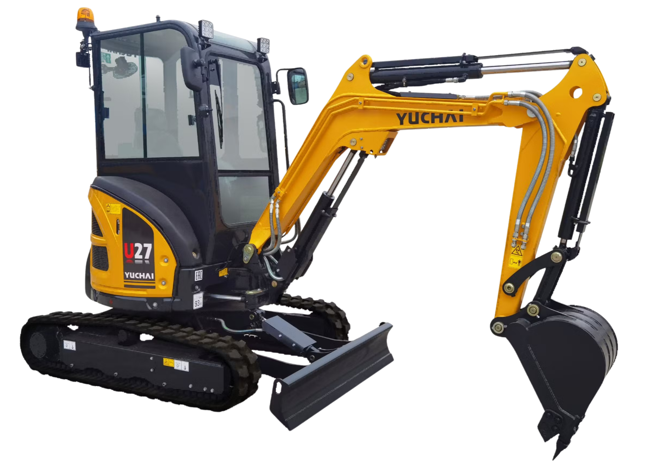 Yellow and black mini excavator with a glass enclosed cabin and extendable arm, labeled YUCHAI.
