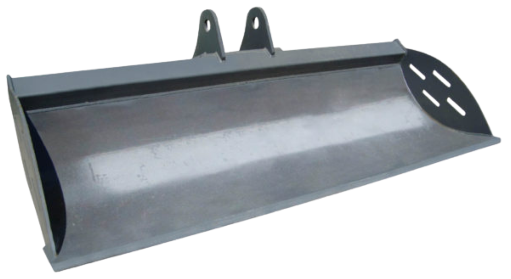 Metal snow plow attachment with mounting brackets on top.