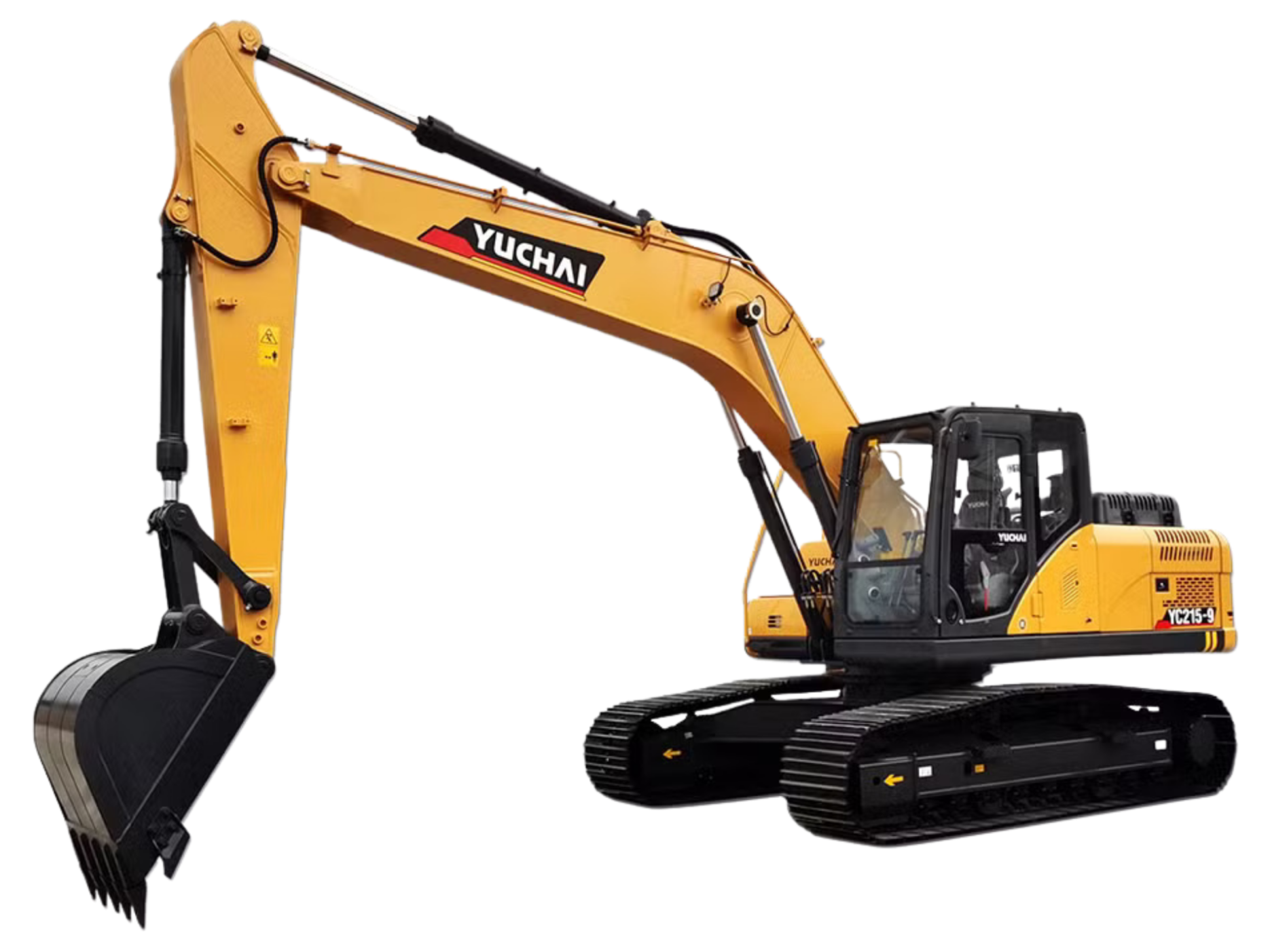 A yellow construction excavator with black tracks and a black digging arm, labeled with the brand "Yuchai" and model "YC215-9".