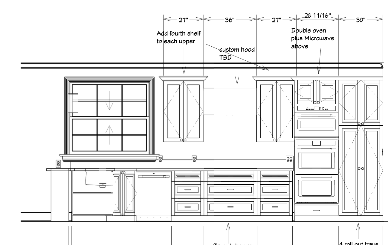 Architectural blueprint of a kitchen design with labeled measurements, cabinetry, and appliances.