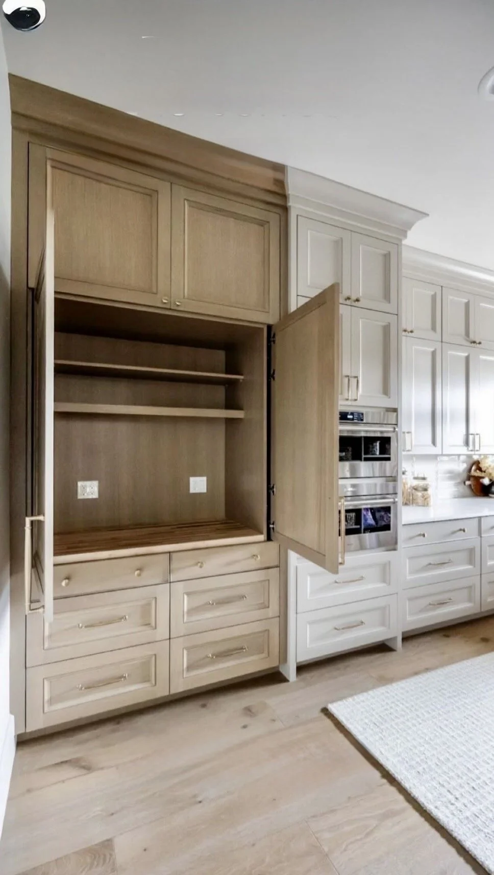 Open kitchen cabinet with wooden shelves and drawers.