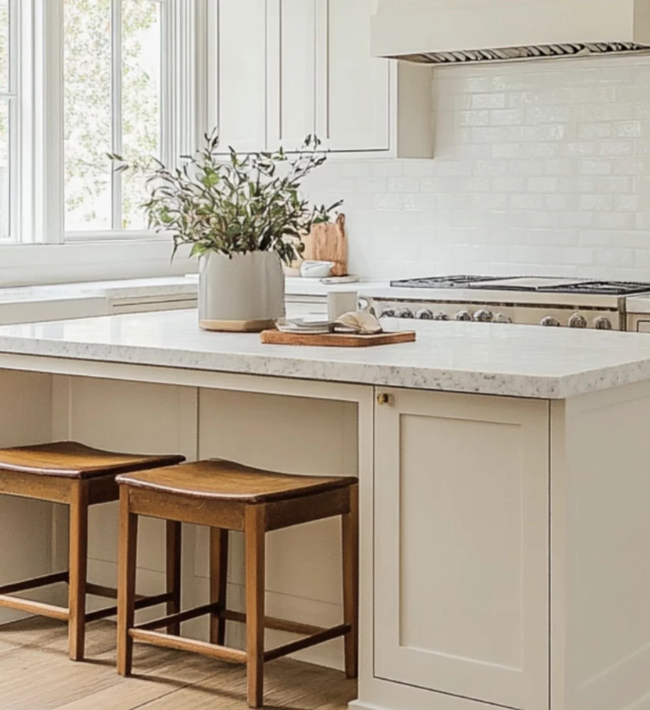 A bright kitchen with a white marble island, a potted plant, and two wooden stools.