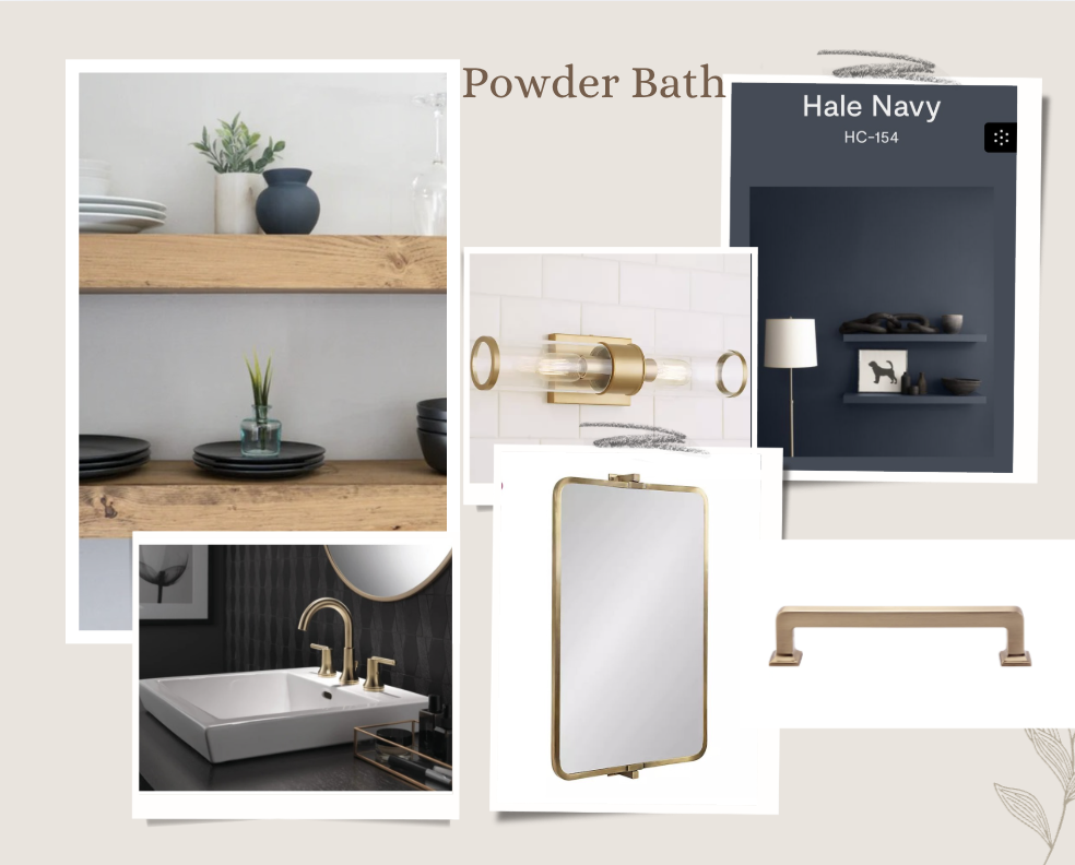 Collection of bathroom decor items including a wooden shelf with black and white vases and plates, a gold light fixture, a navy blue wall with decorative shelves, a gold-framed mirror, a beige towel bar, and a modern white sink with gold fixtures.