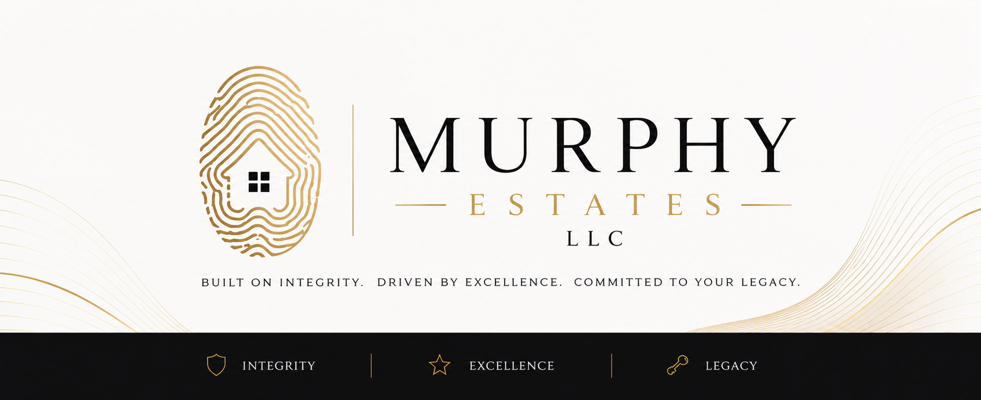 Logo for Murphy Estates LLC featuring a fingerprint with a house inside, and tagline 'Built on integrity, driven by excellence, committed to your legacy.'