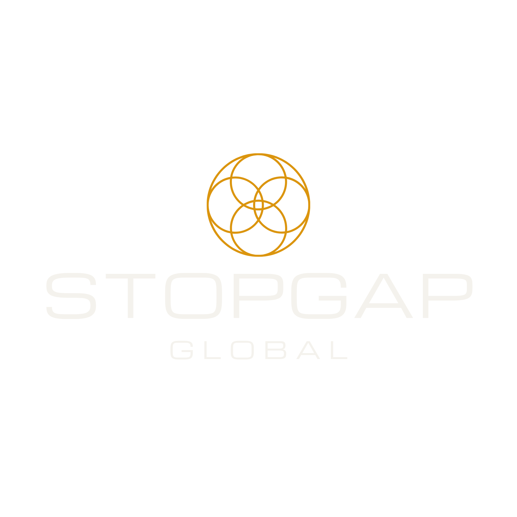 Logo with geometric spherical design in gold above the text 'STOPGAP GLOBAL' on a black background.