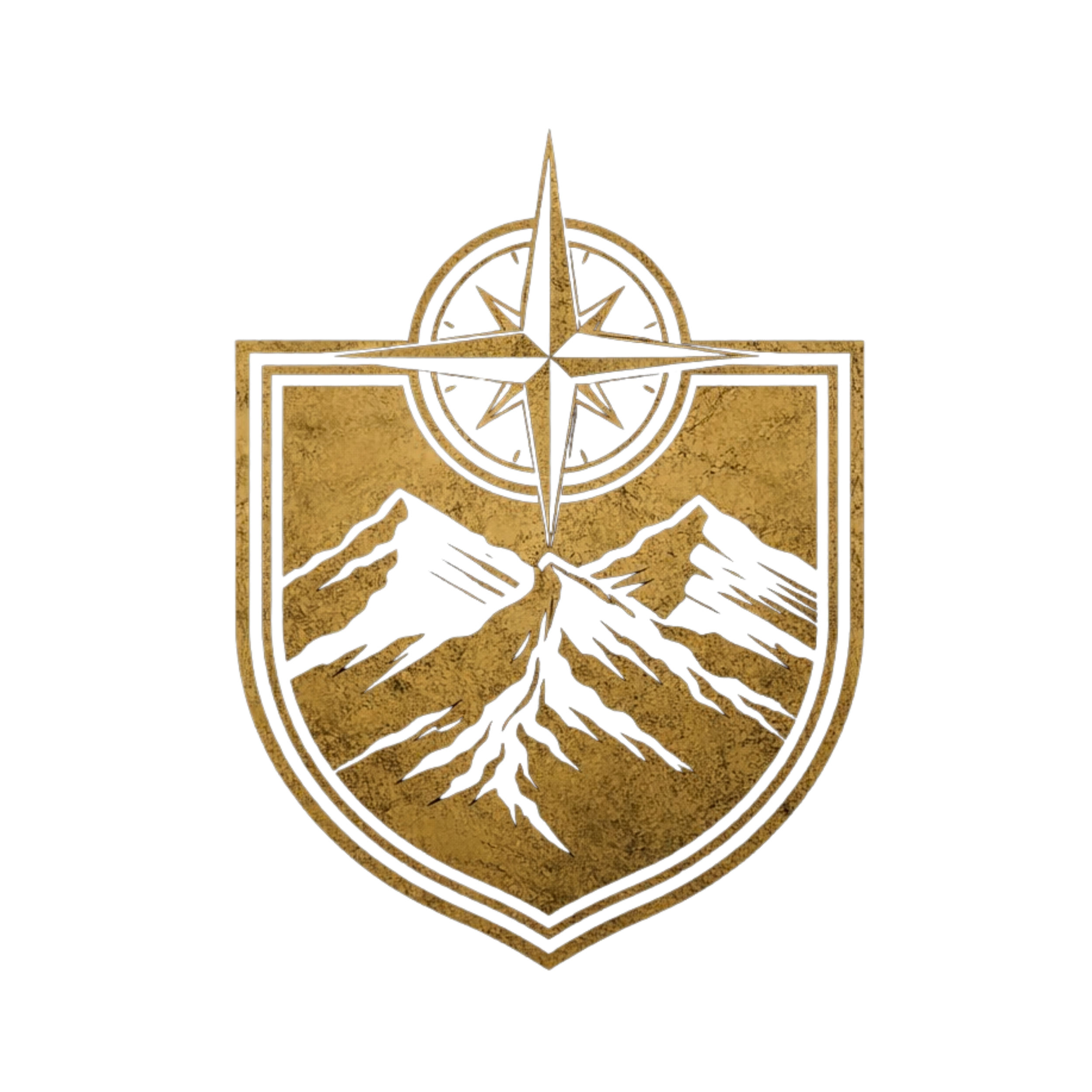 A gold-colored emblem featuring a compass rose above a shield with seven hands reaching towards a central point.