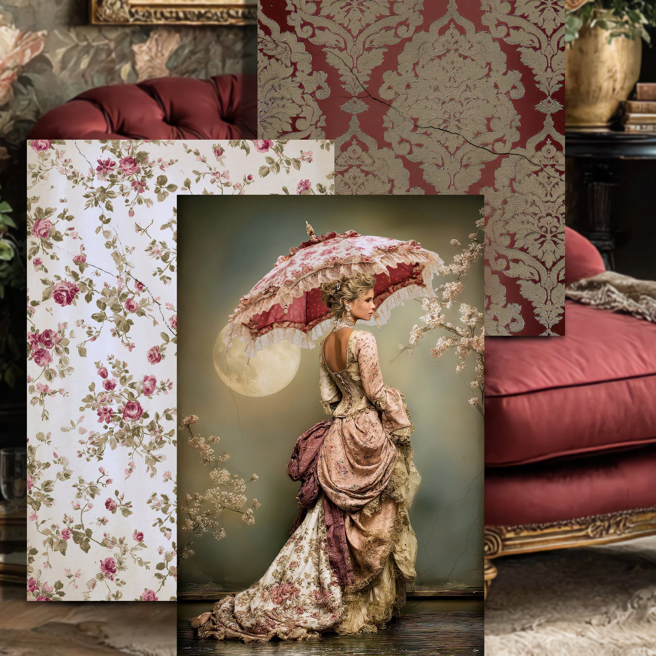 Rose Damask decoupage paper set — 105 GSM heavyweight triptych in deep crimson, antique gold, dusty rose and sage — Vision La Belle
