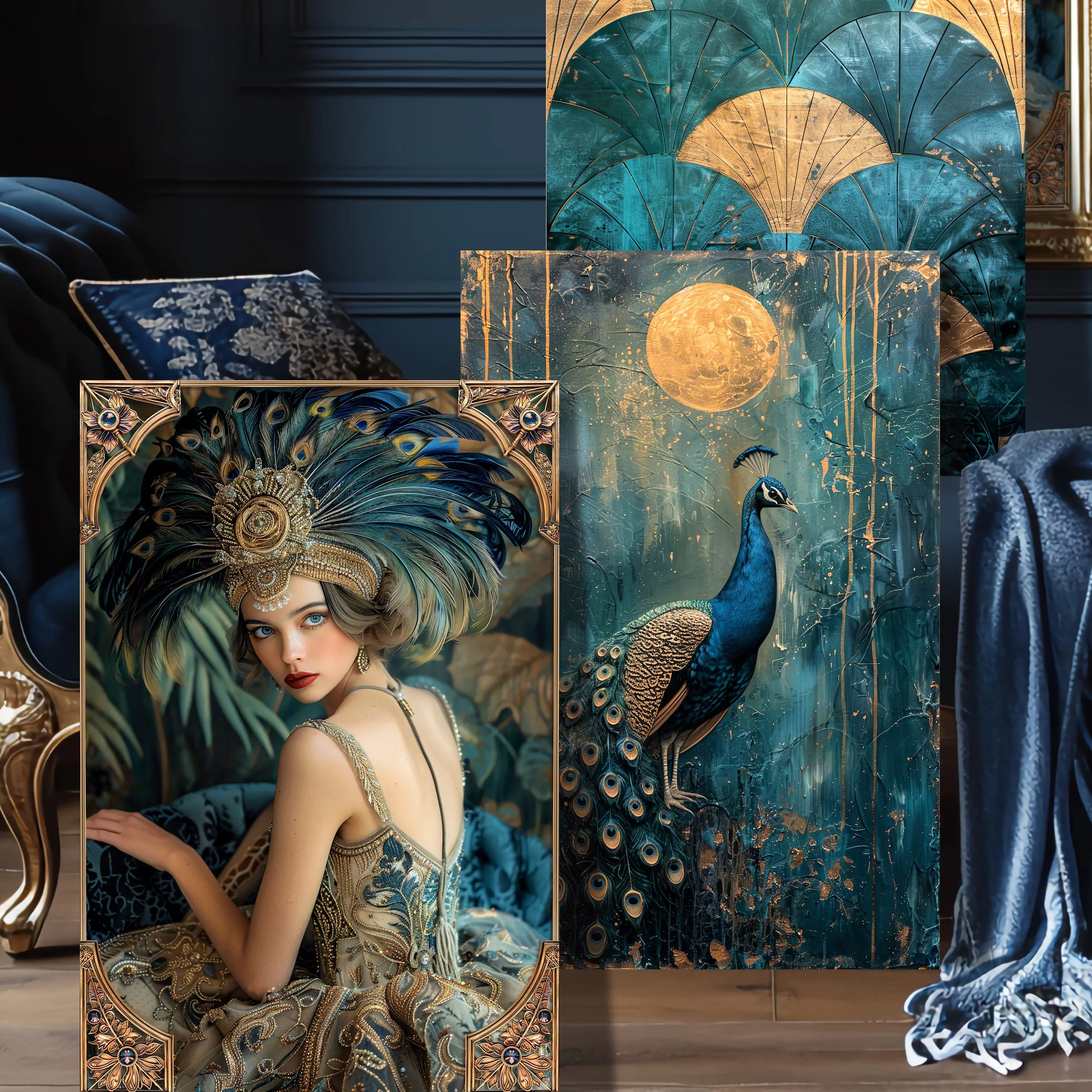 Art Deco Peacock decoupage paper set — 105 GSM heavyweight triptych in teal, midnight blue and burnished gold — Vision La Belle