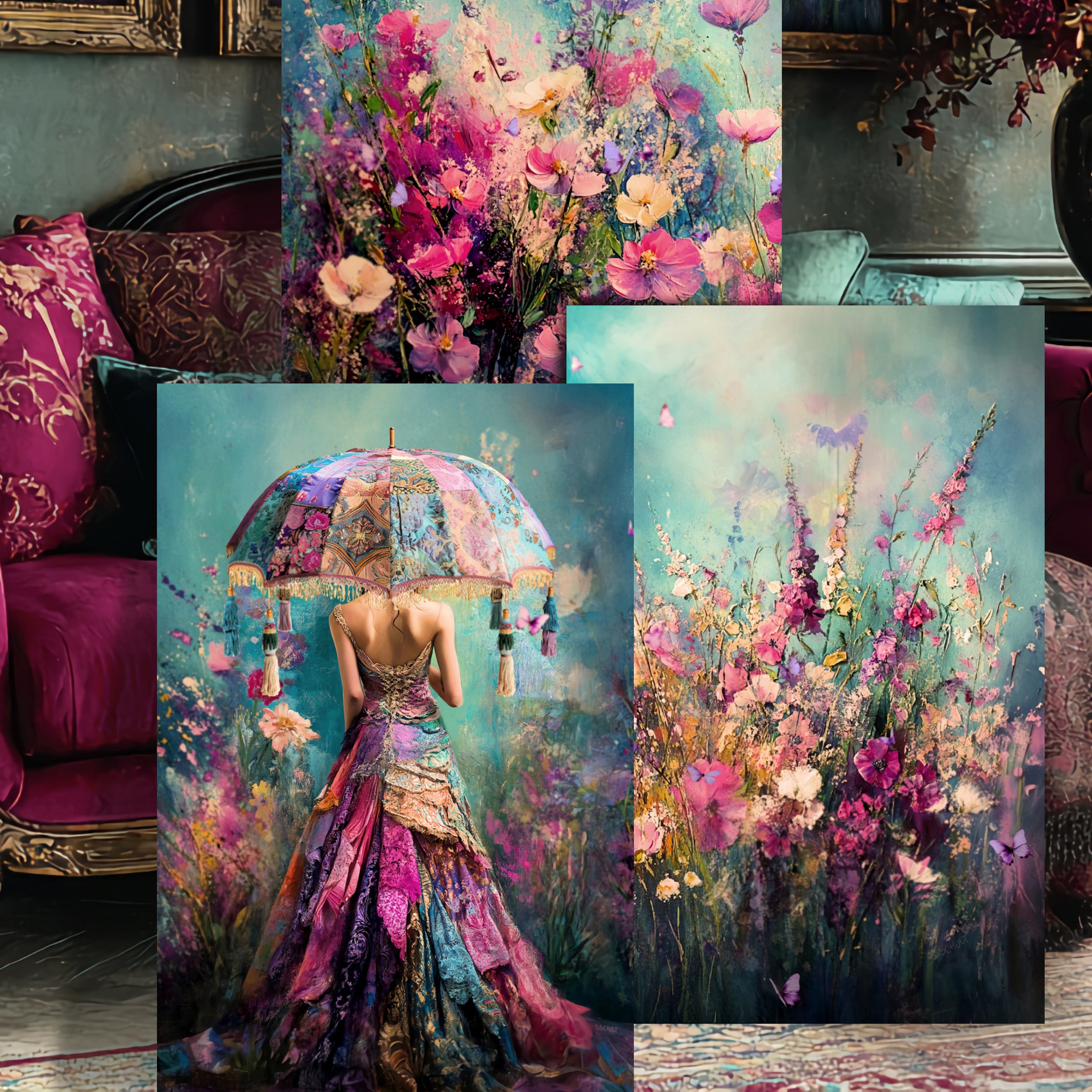 Vibrant Dreams decoupage paper set — 105 GSM heavyweight triptych in hot pink, magenta, teal, jade green and bright gold — Vision La Belle