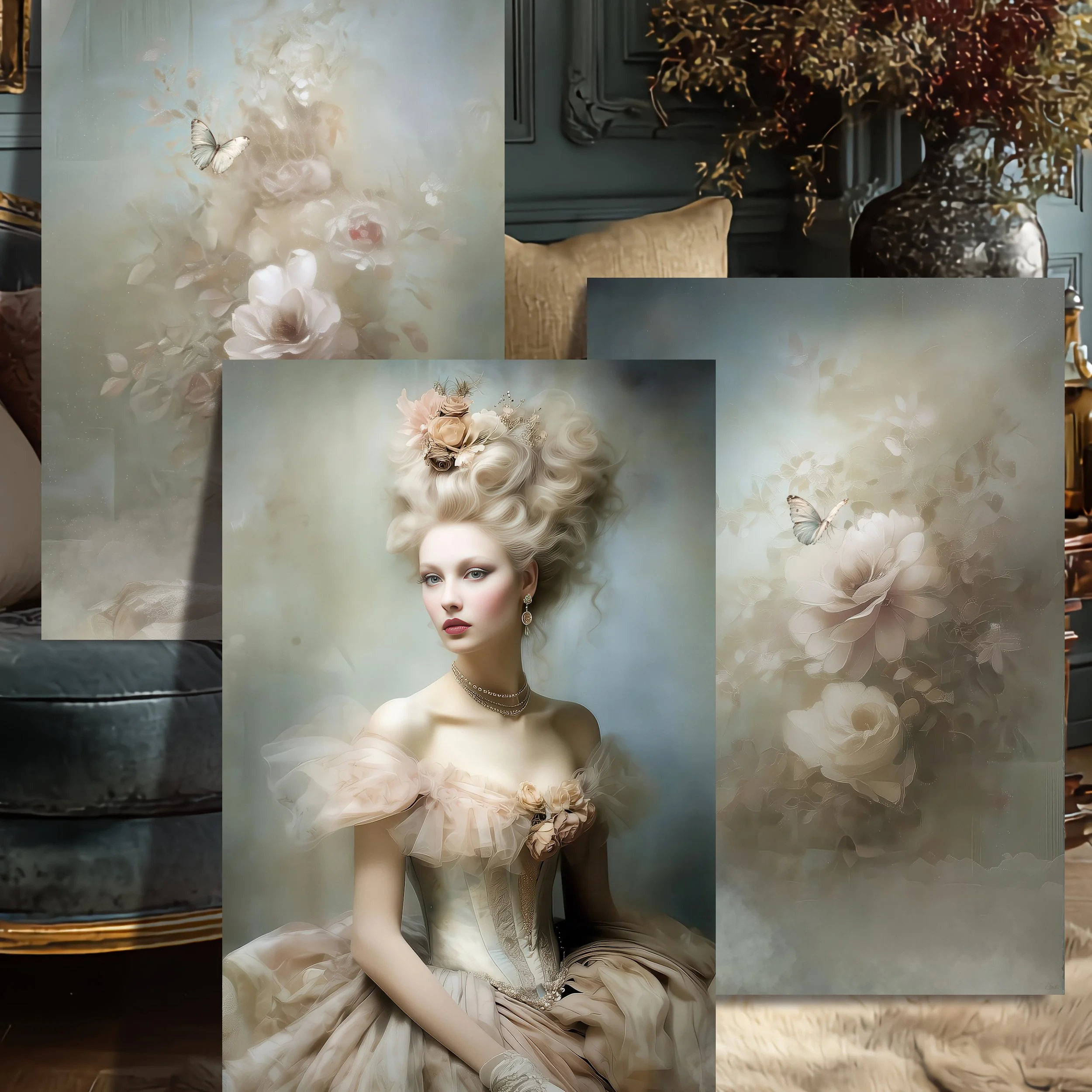 Marie Antoinette Portrait decoupage paper set — 105 GSM heavyweight triptych in champagne, blush, antique gold and soft ivory — Vision La Belle