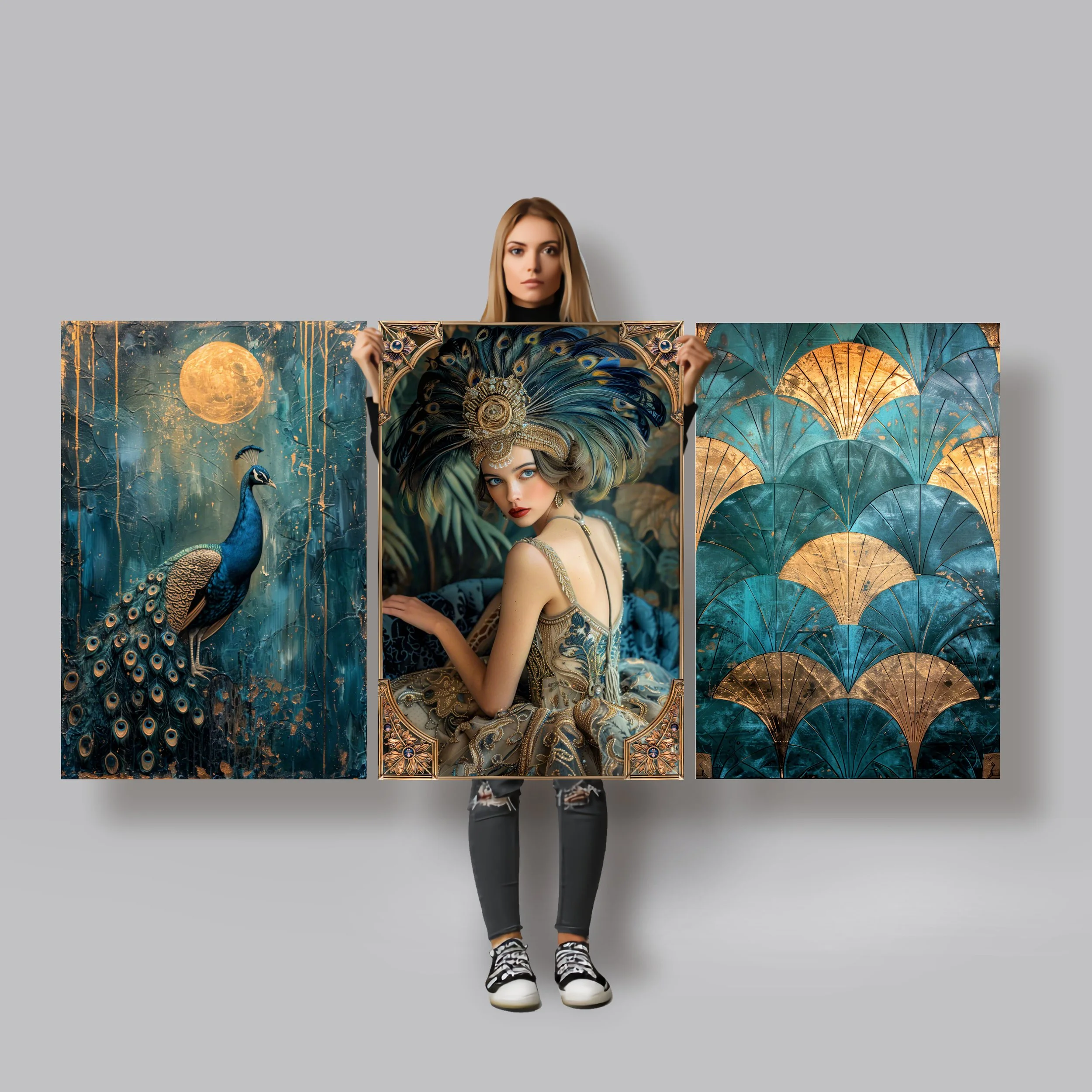 Woman holding three oversized Art Deco Peacock heavyweight paper prints — peacock moonlight, jewelled flapper portrait, teal gold fan medallion — each 19x29 inches. 105 GSM decoupage paper triptych set, matte or semi-gloss, shipped rolled in a tube.