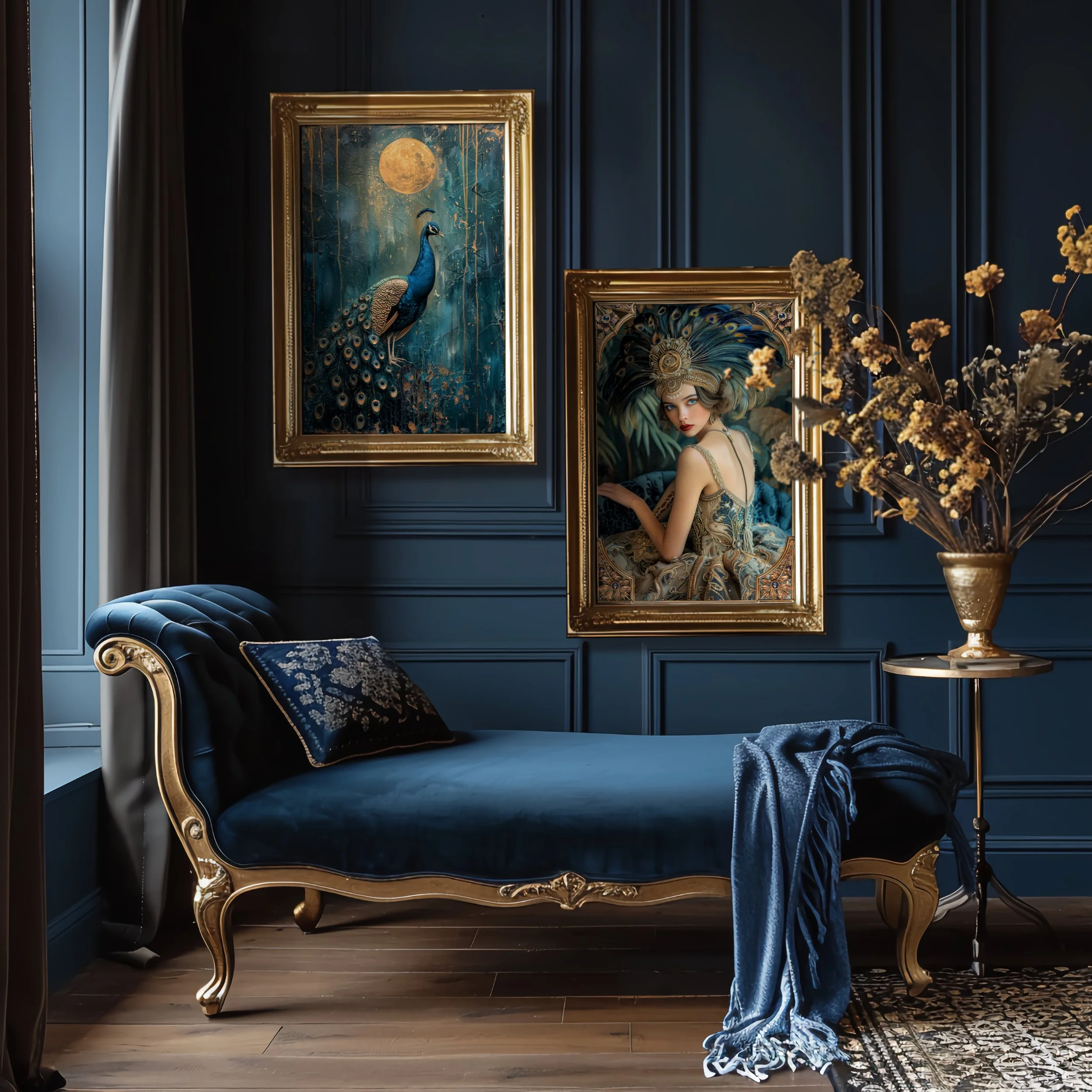 Two Art Deco Peacock prints in gold frames on a deep navy panelled wall — peacock moonlight portrait above a gold chaise beside framed flapper in jewelled headdress. Heavyweight decoupage paper as large format framed wall art, 105 GSM set of 3.