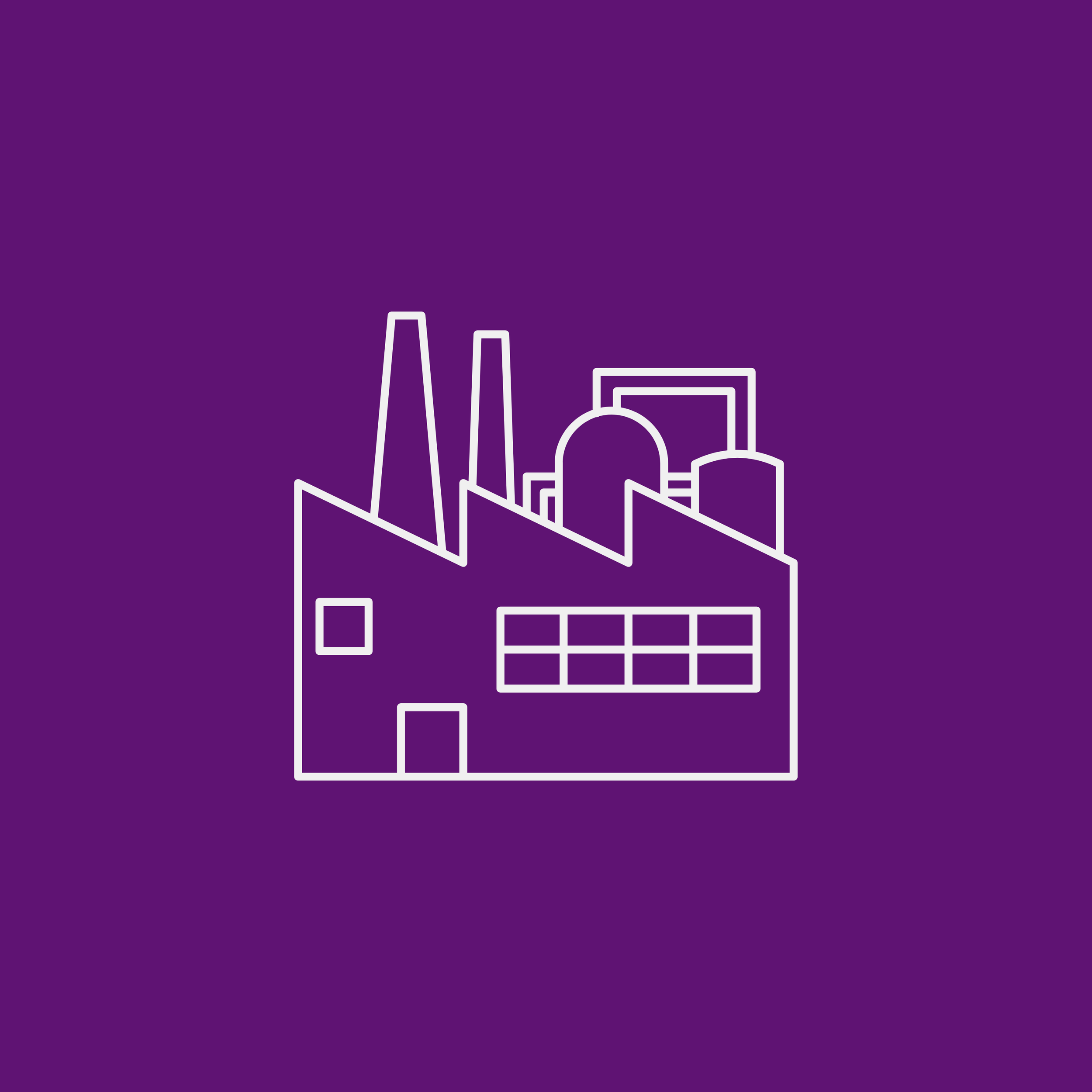 Outline drawing of a factory with smokestacks on a purple background.